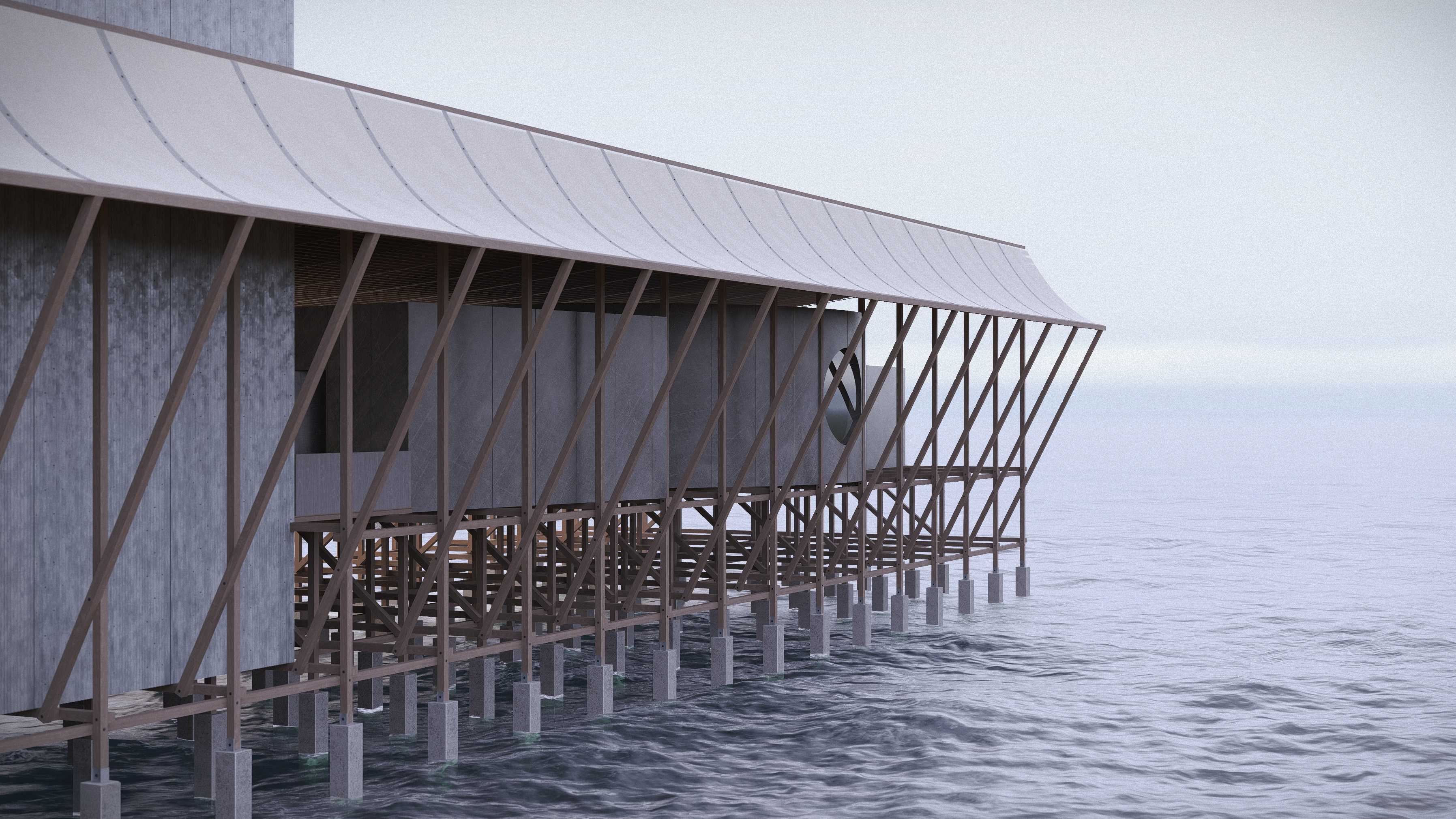 This big yet delicate roof is nothing but a huge shadow over the water. Holding together elements of the project, it demarcates the beginning of a considered sequence of thresholds.