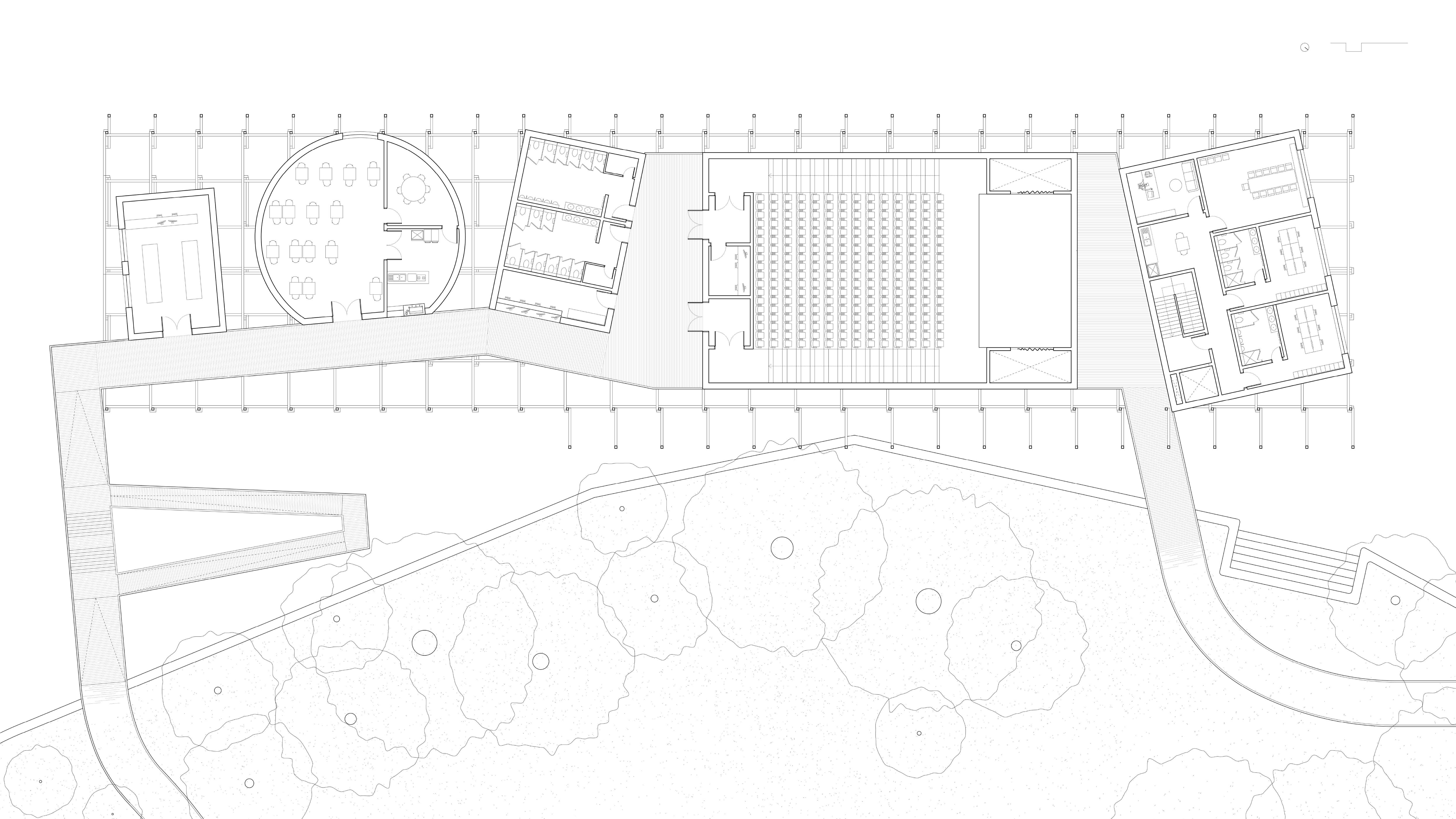 Structure defines the long rectangular plan, enclosing a series of volumes. Designed with a degree of engineering redundancy, it allows each a degree of freedom from the rigorous grid below. 