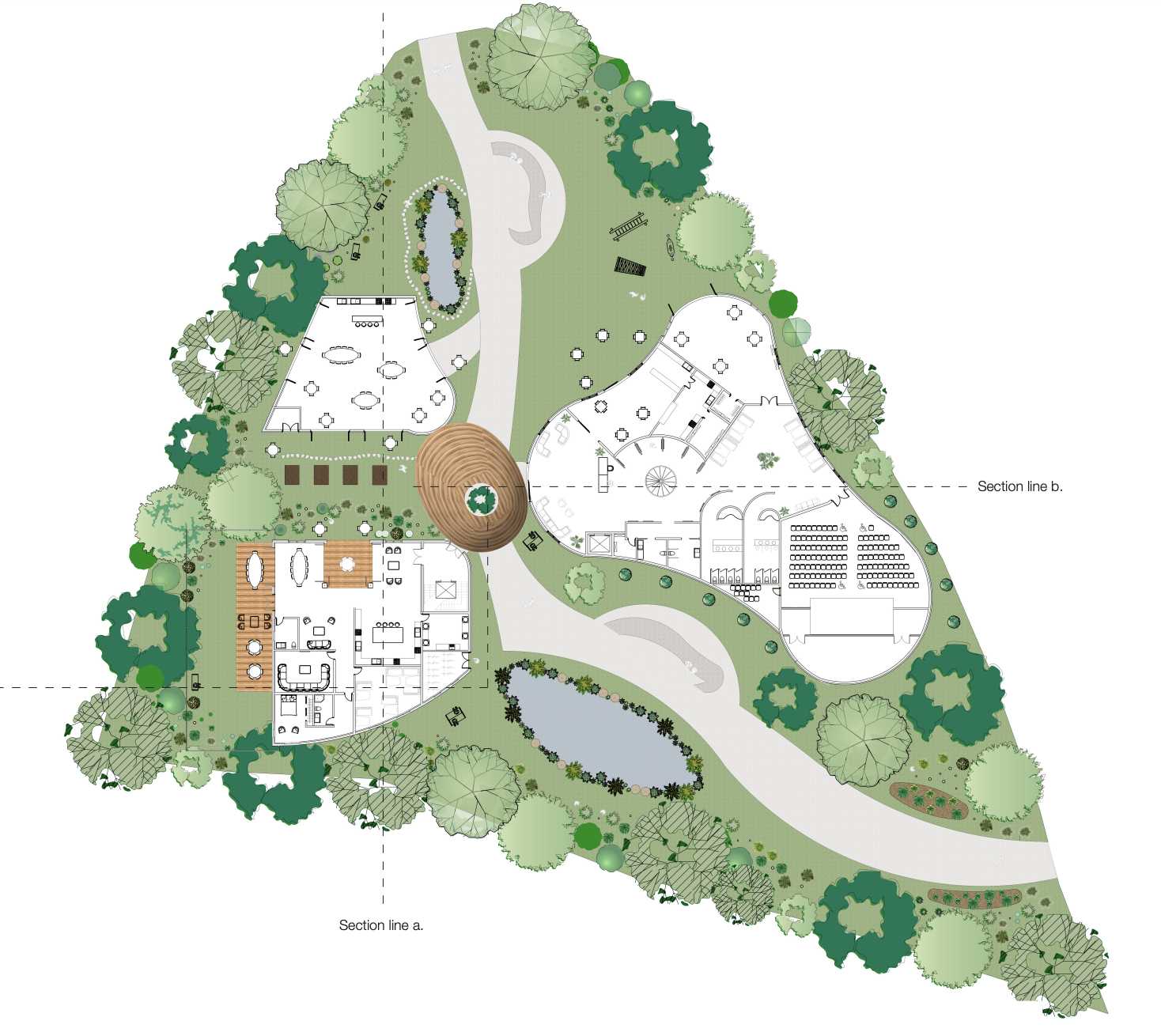 The ground floor plan centres around The Nest, an angled structure marking the entrance and subtly guiding visitors toward the community centre and the communal dining pavilion while preserving residents’ privacy.
