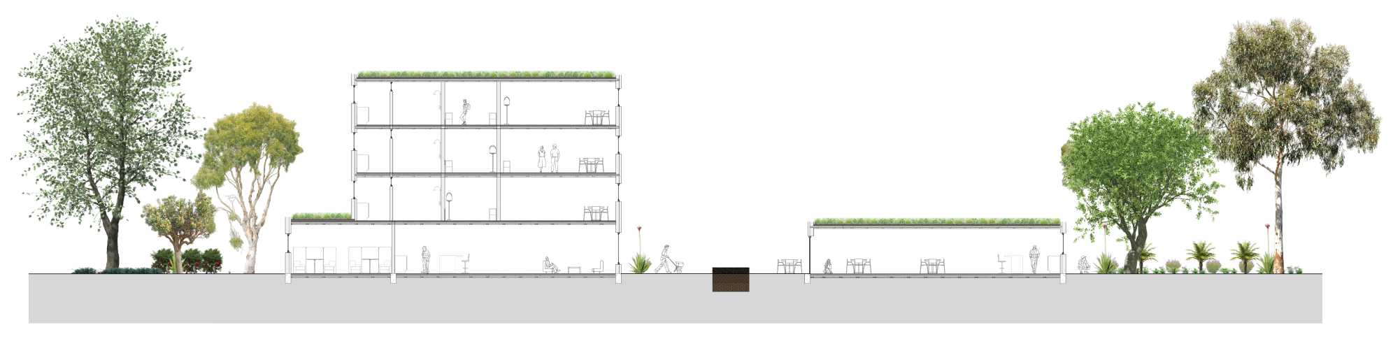 This section illustrates the synergy between co-living spaces, communal dining areas, and a centrally located community garden, encouraging residents to engage with the food they consume, ensuring food security.