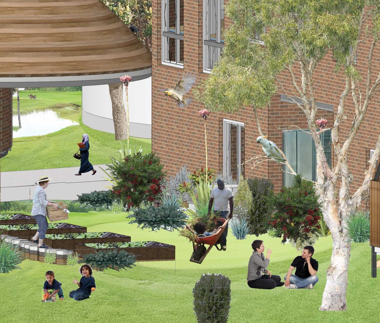 This perspective highlights the community garden’s central location between the co-living and communal kitchens, where residents of all backgrounds can learn, collaborate, and connect through their care for the land.