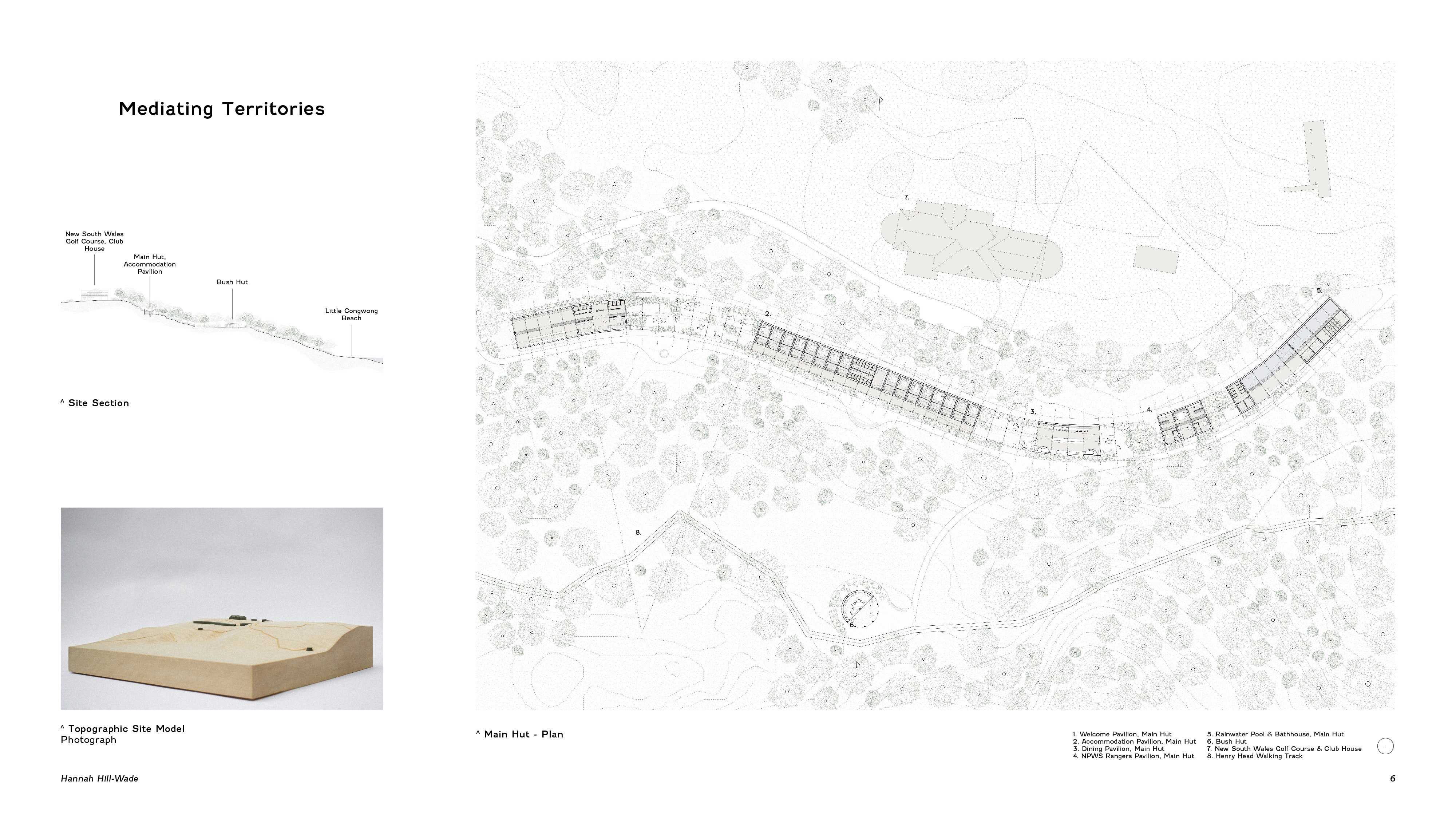 The Main Hut follows the alignment of an existing roadway, touching the ground lightly and providing a mediating presence between the National Park and the New South Wales Golf Course.