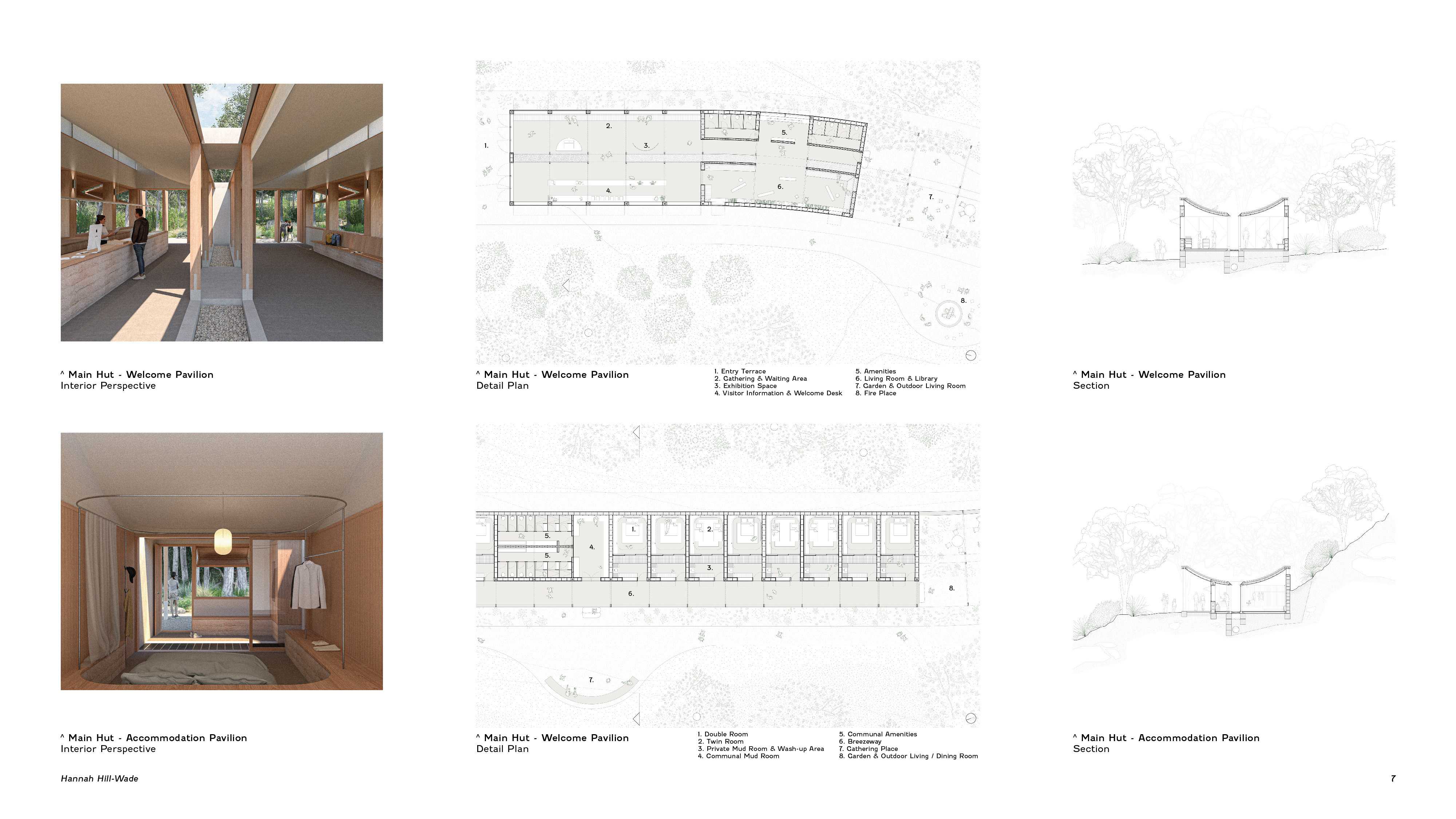 A series of pavilions are housed under a singular roof form, and include moments for welcoming and orientation, accommodation, cooking and dining, recreation, and indoor and outdoor gathering. 