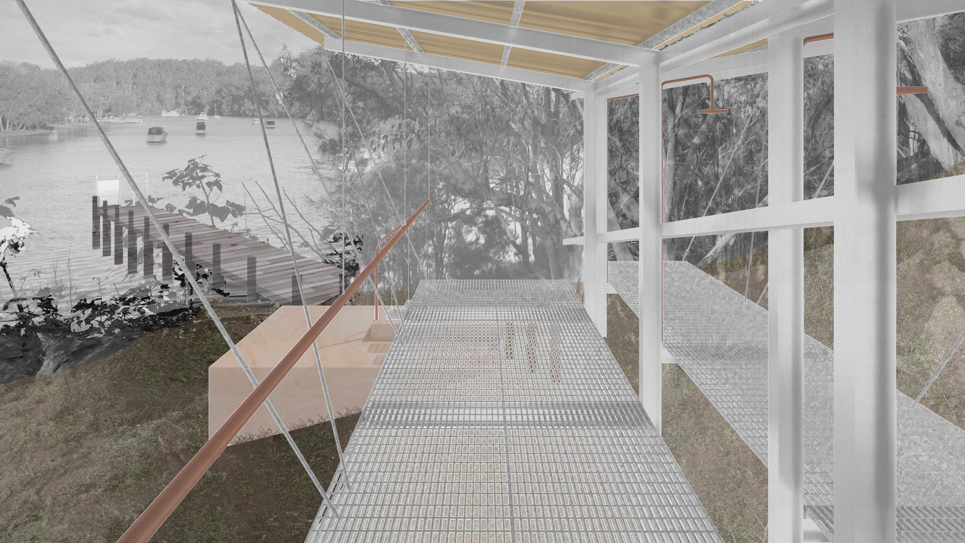 Vignette of the shelter on the path down to the river. An important intervention in this project, an assemblage of choreographies which guide the body from architecture to the river.