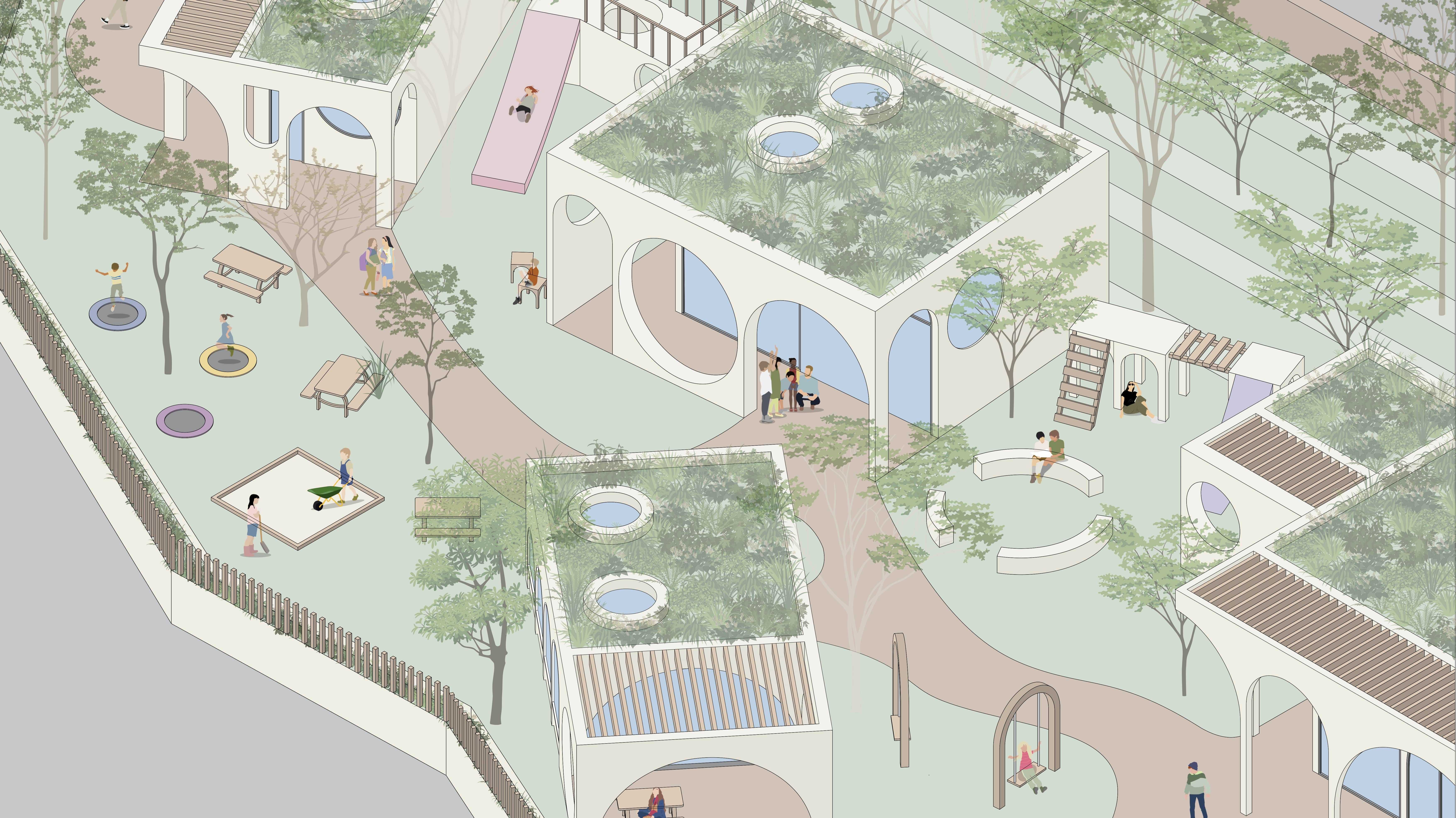 The design attempts to create a playground atmosphere for younger patients through various pockets of inter-space, transition zones, gardens and play spaces, designed to encourage socialisation, creativity and play. 