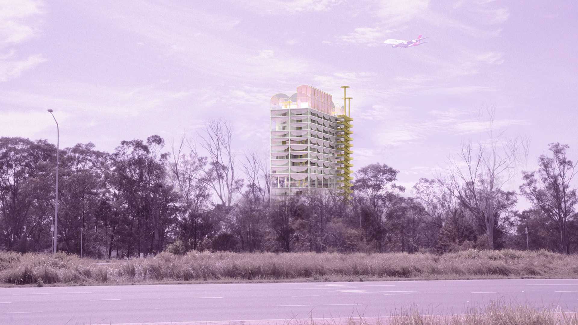 Play, Her Way… thinking through the now, for the future. A fantasyland of female sport – where imagination, dreams and goals have translated into a new architecture… View from Northern Road.