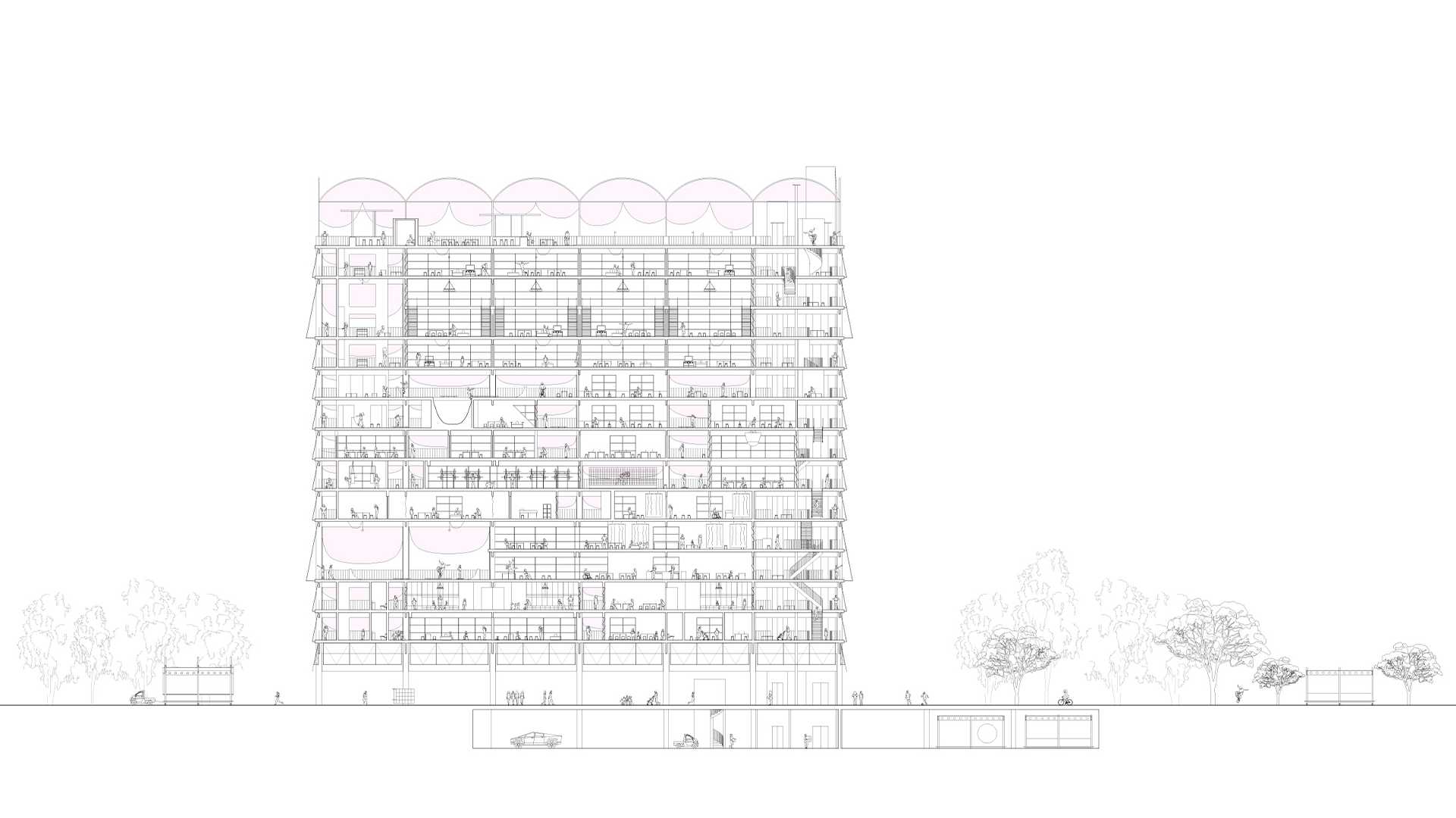 The Landmark Hub Section. The main gateway, a hub of female sport – home to a hybrid cross-programmed sporting infrastructure and sporting accommodation, pushing beyond the needs of the field/court...