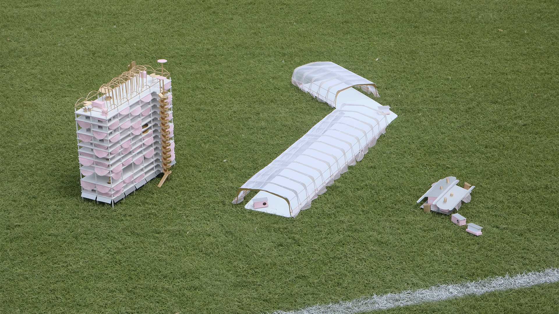 Play, Her Way…Models. The Landmark Hub, The Community Hub and The ‘Deployables’ stand in solidarity. 3 buildings, 3 objects, one project, one architecture...Play, Her Way…