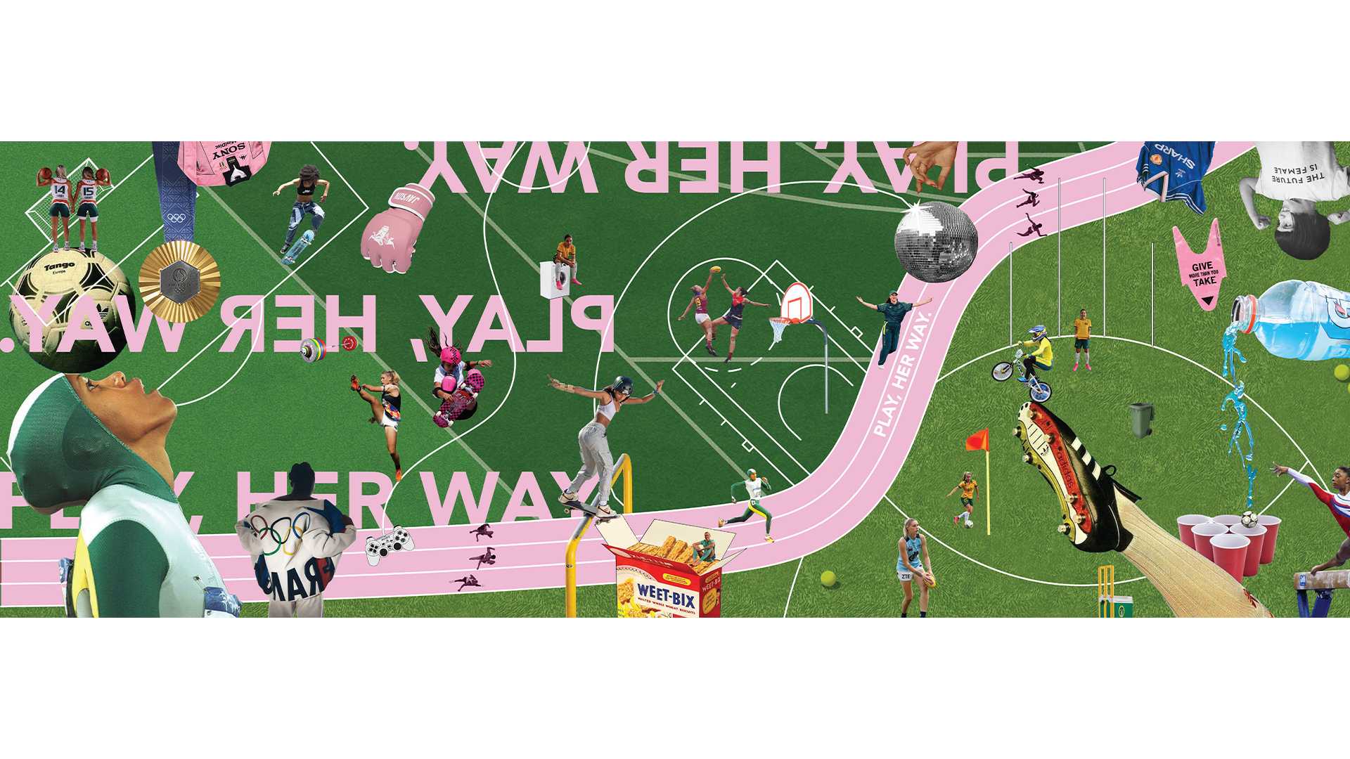 Play, Her Way…Concept Collage. A looseness of sport. A fantasyland of female sport. The premise of my project derives from my personal experiences in elite female sport.