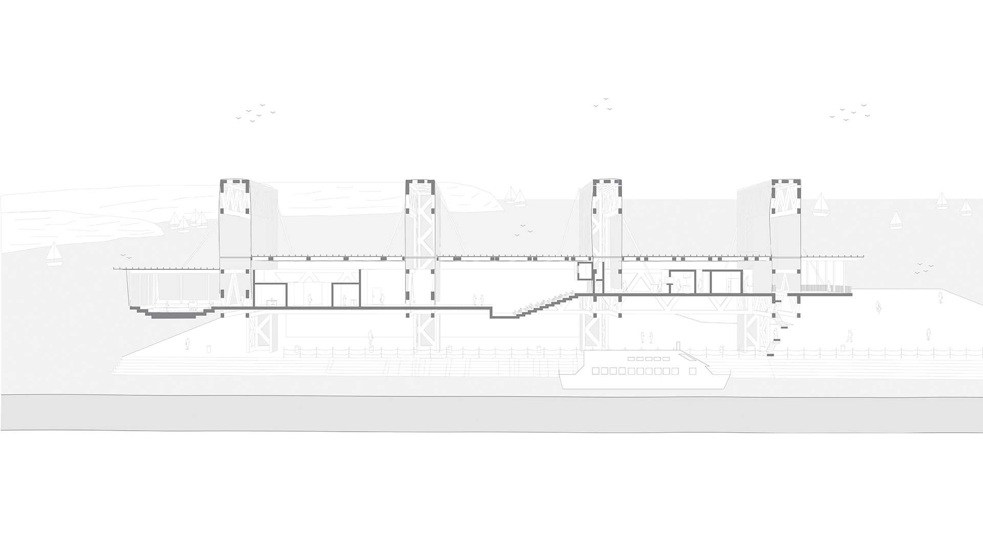 The theatre floats above the water, as the visitor enters underneath. The long procession is disrupted by the rhythmic arrangement of the lanterns, which provides refuge from the structure.