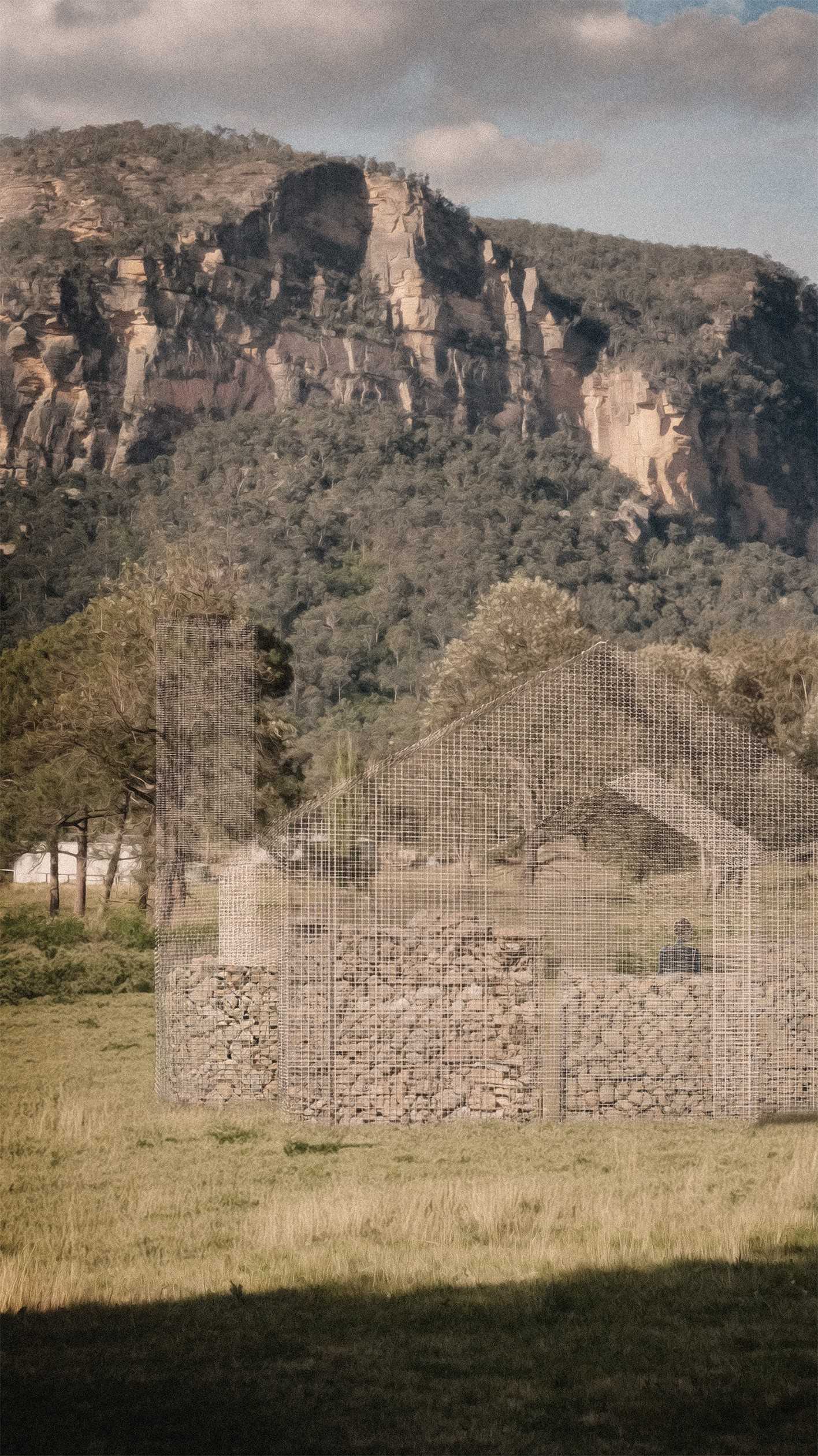 After the mine’s closure, residents left, and buildings were relocated across NSW. These are rebuilt using mesh and rubble from the site. An installation streams sounds from their new locations.
