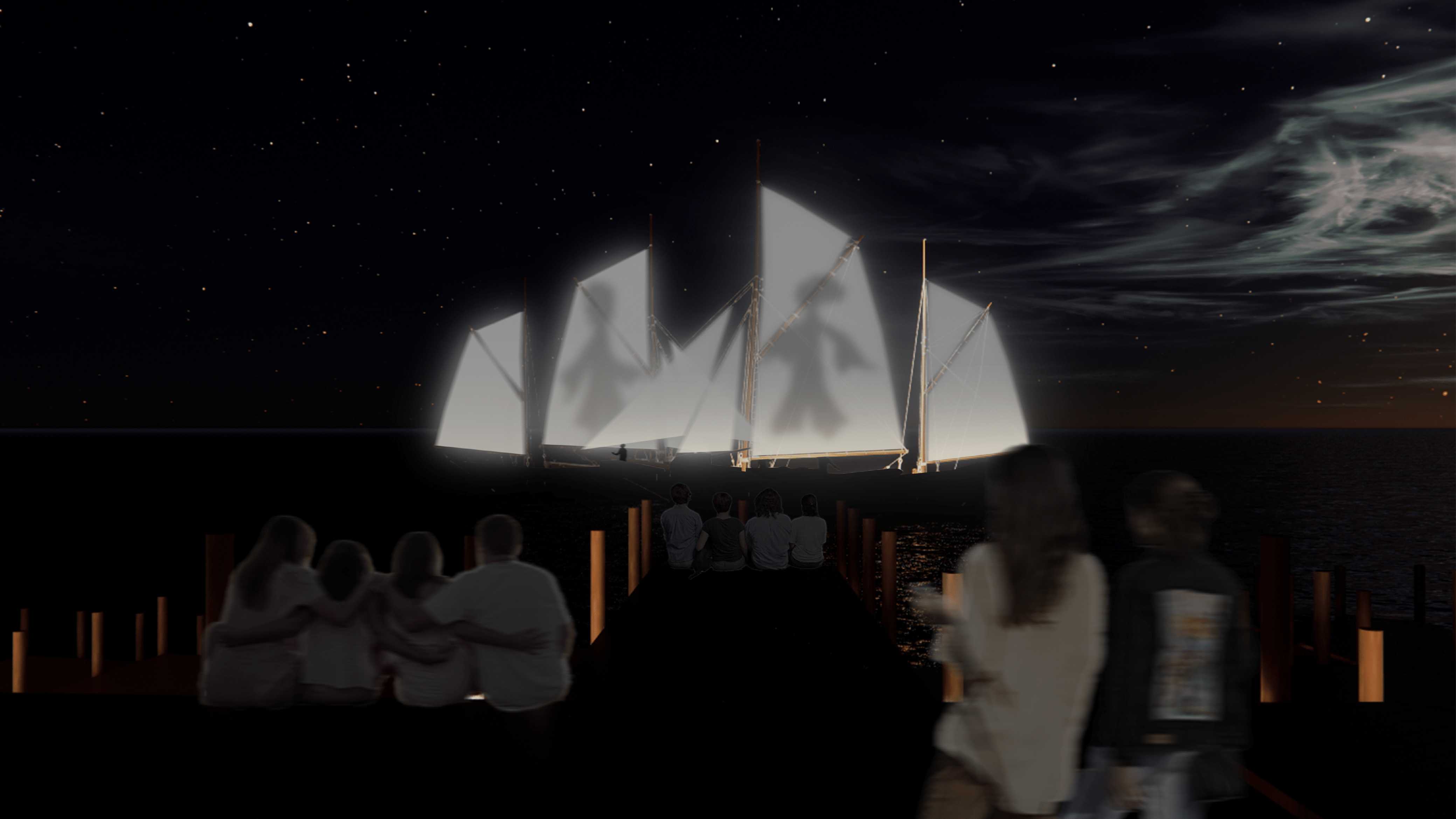 Reverie, a floating theatre at Berrys Bay, transforms performance by turning boats into dynamic stages, merging light and shadow through translucent architecture, evoking an ethereal, immersive storytelling experience on the water.