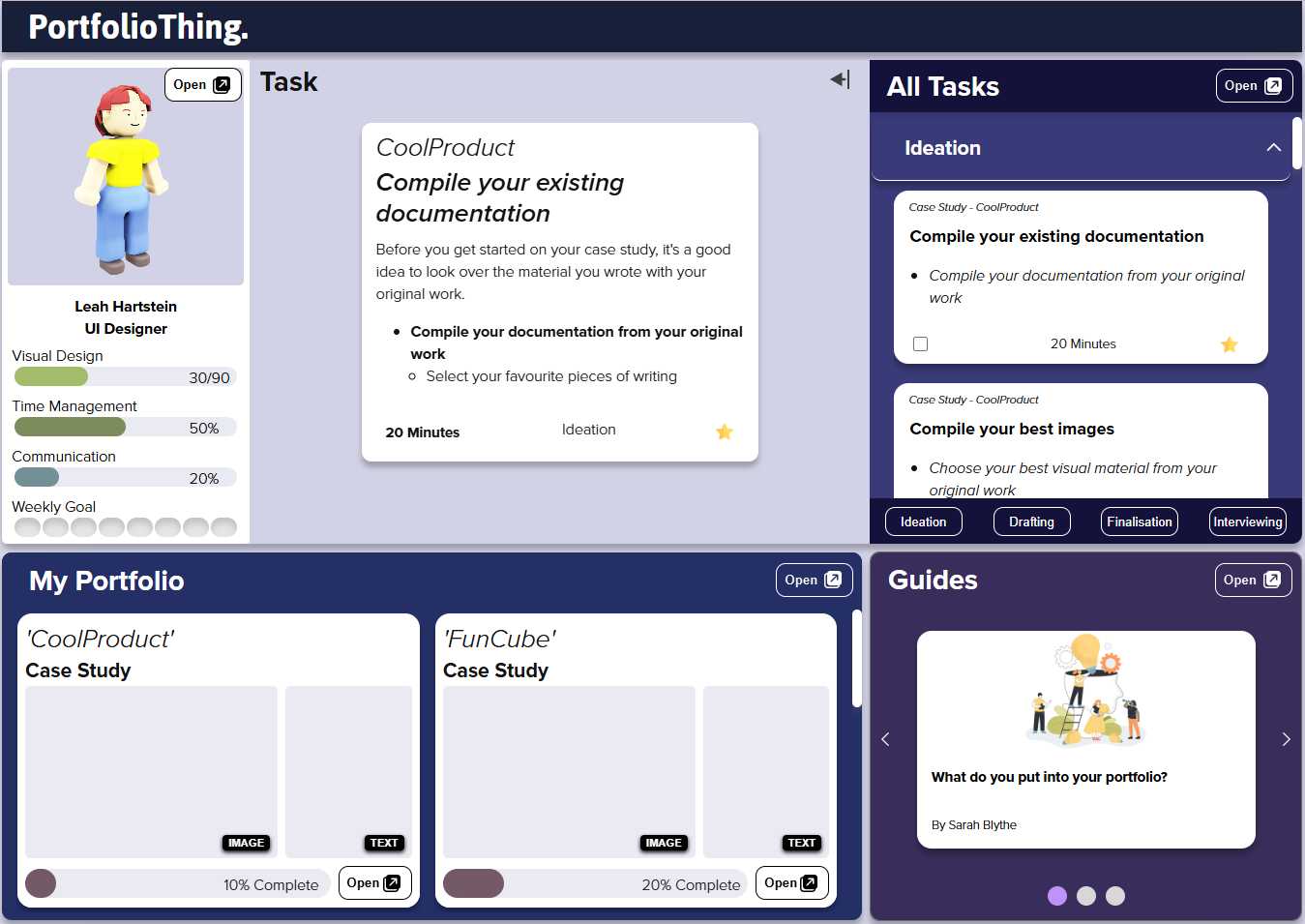 The main dashboard for task completion