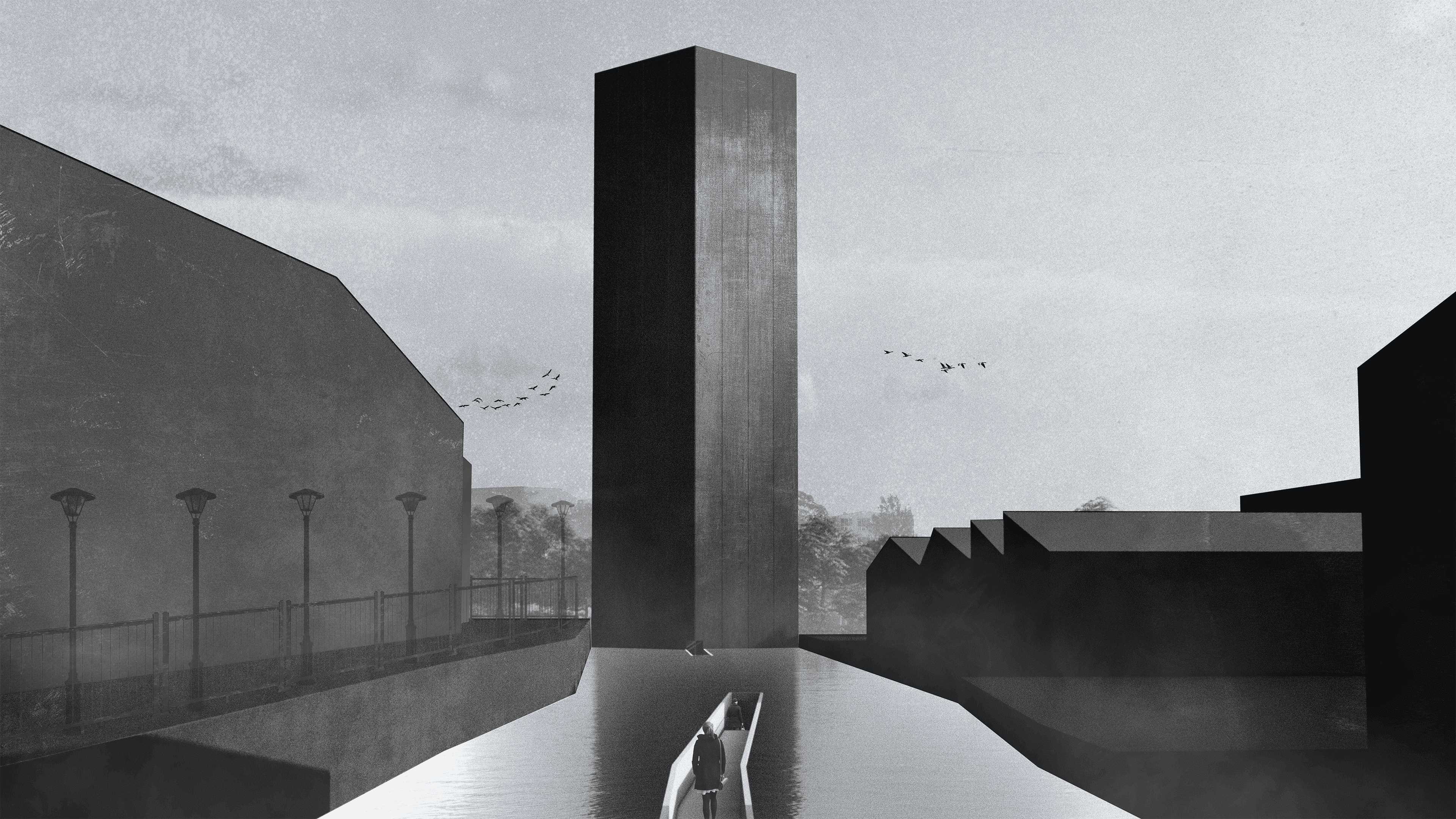 The dark, solid tower rises with a formidable monolithic presence, embodying strength and endurance amidst the landscape. Visitors traverse a layered journey through water—approaching above, moving alongside, and descending below its surface to enter. This path emphasizes water’s enduring flow, with the tower as both sentinel and sanctuary for its concealed currents.