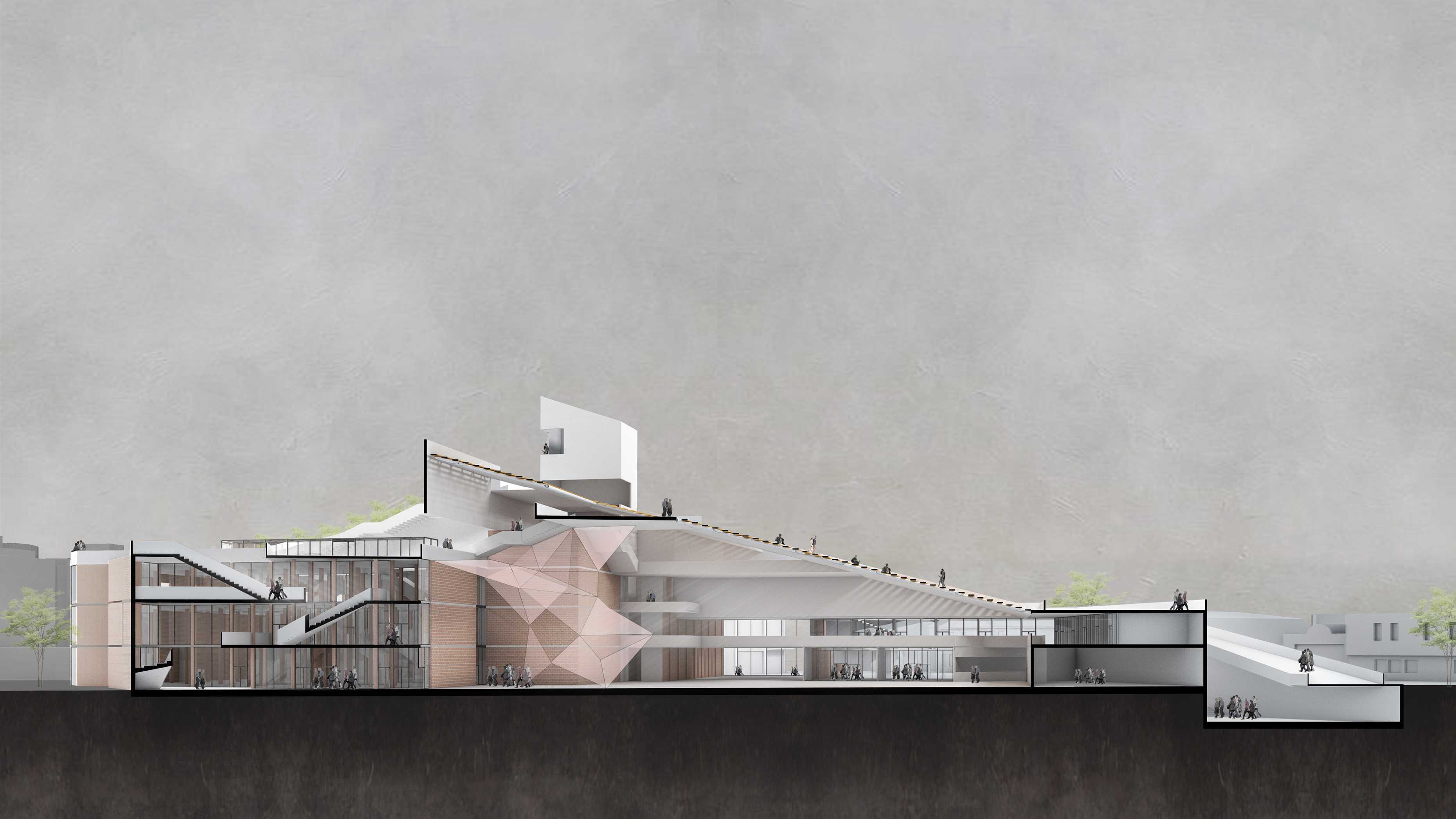 Shows the long section of project, to emphasize the central multi-storey space and service space relationship, as well as the roof and platform relationship