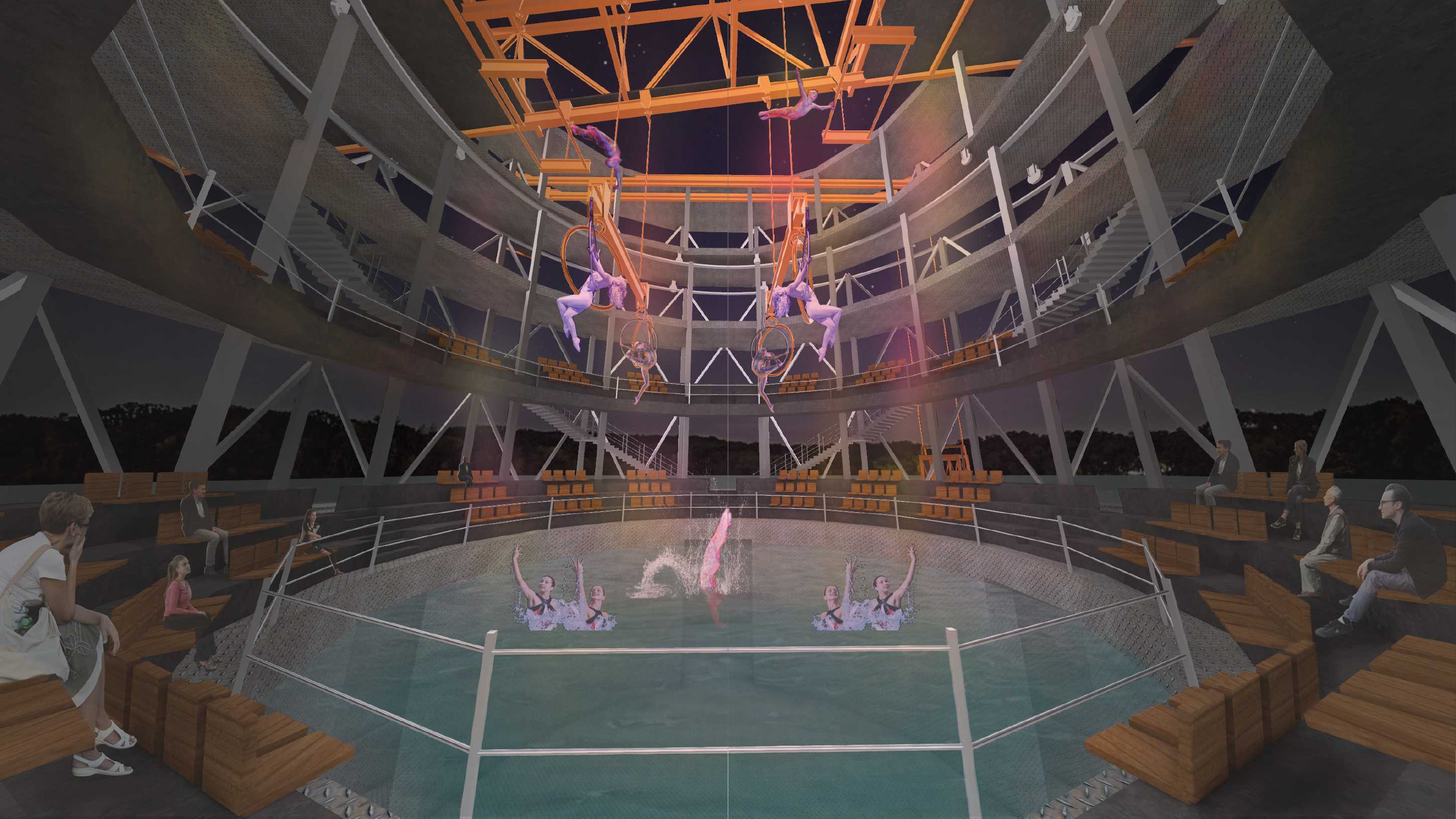 Inspired by Cirque du Soleil’s “O”, performers soar and plunge beneath intricate rigging, honouring the dance of body and machine – majestic, bold and bound to the water.