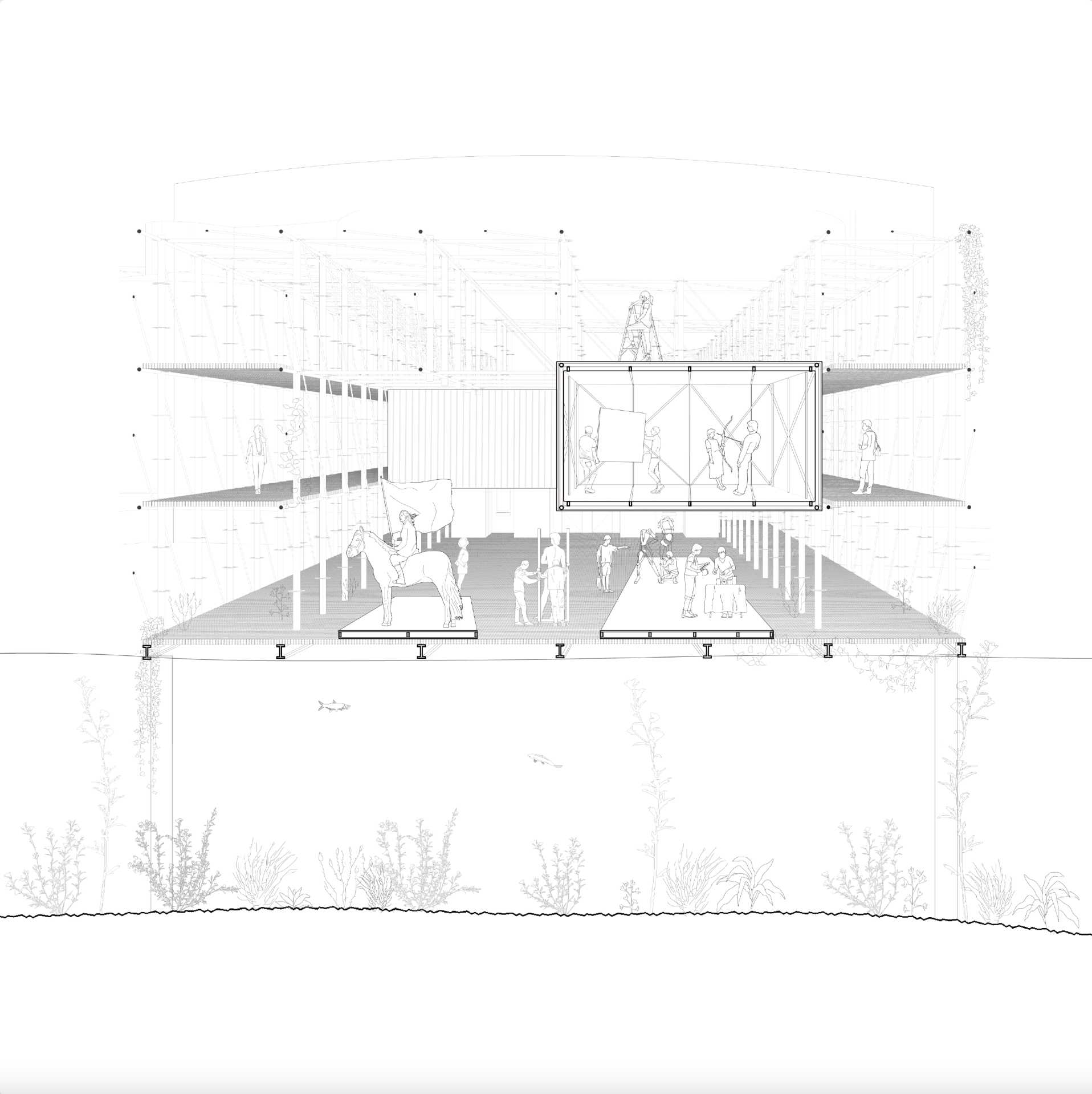 Sectional Perspective where Maria Abramović is seen practicing her two peformance art scenes "Rest Energy" (1980) and "The Hero" (2022).