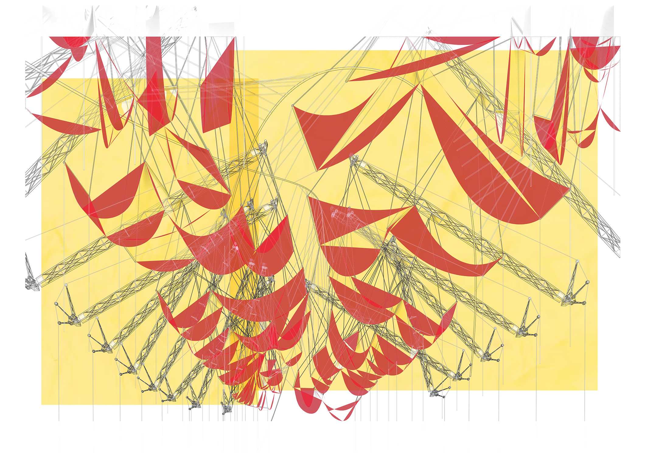 Explorational perspective of cranes in motion, shifting dynamically based on waste weight—illustrating the environmental impact of accumulated human consumption.