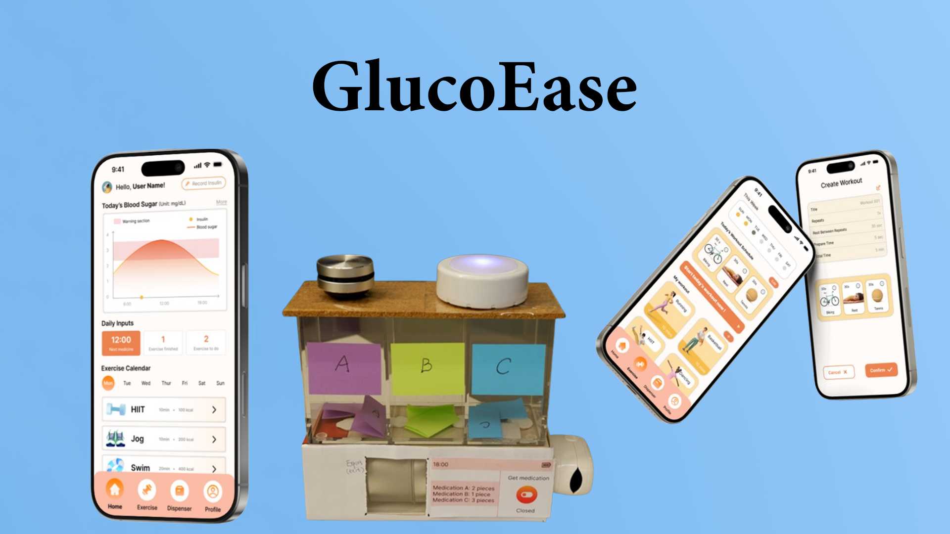 GlucoEase is the ultimate diabetes management and prevention app, paired with a smart medication dispenser, that supports diabetic and pre-diabetic users in managing blood glucose, medications, and exercise.