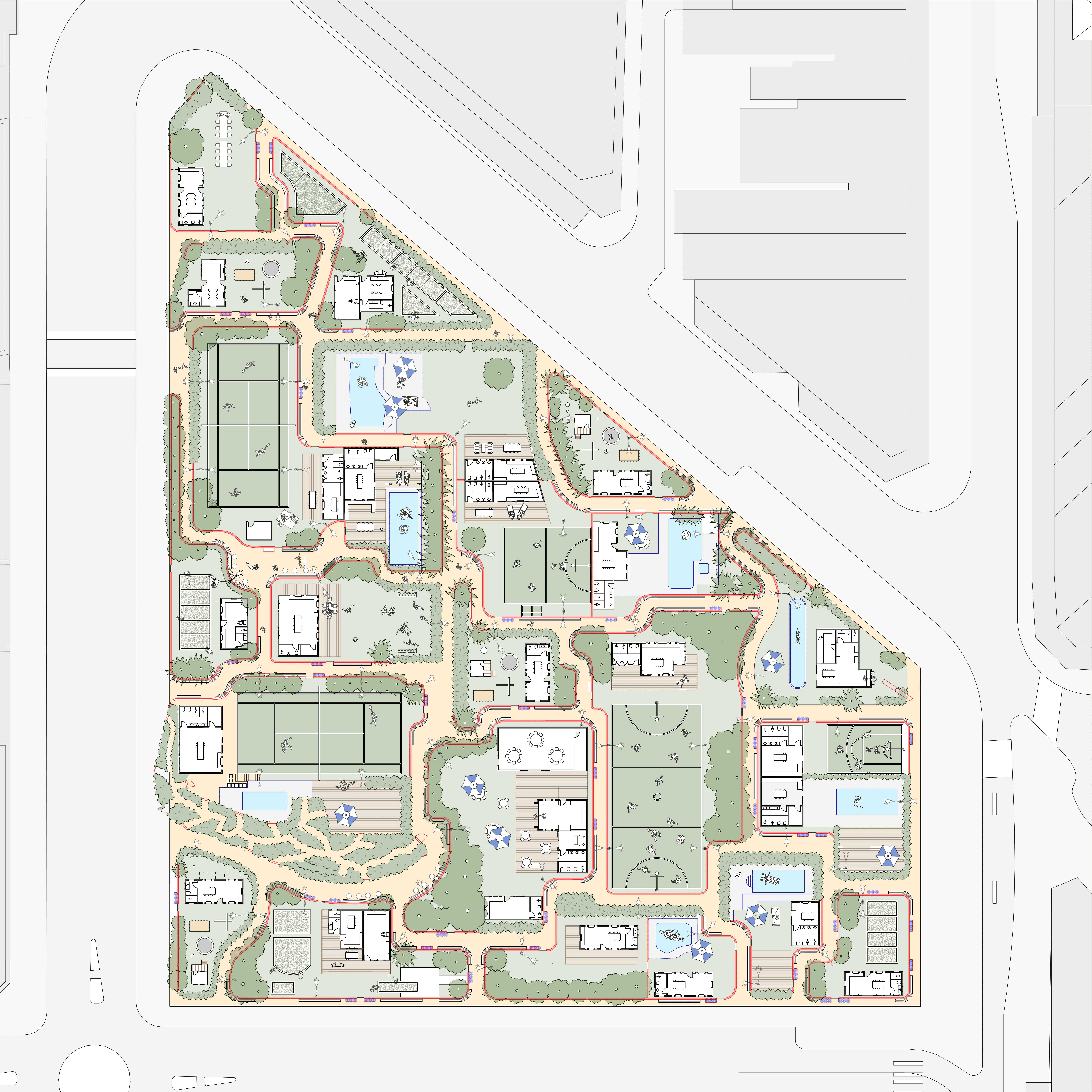 Each backyard is equipped with a multifunction living space that is inspired in form, function and material quality by the concept of the “backroom” of a house.