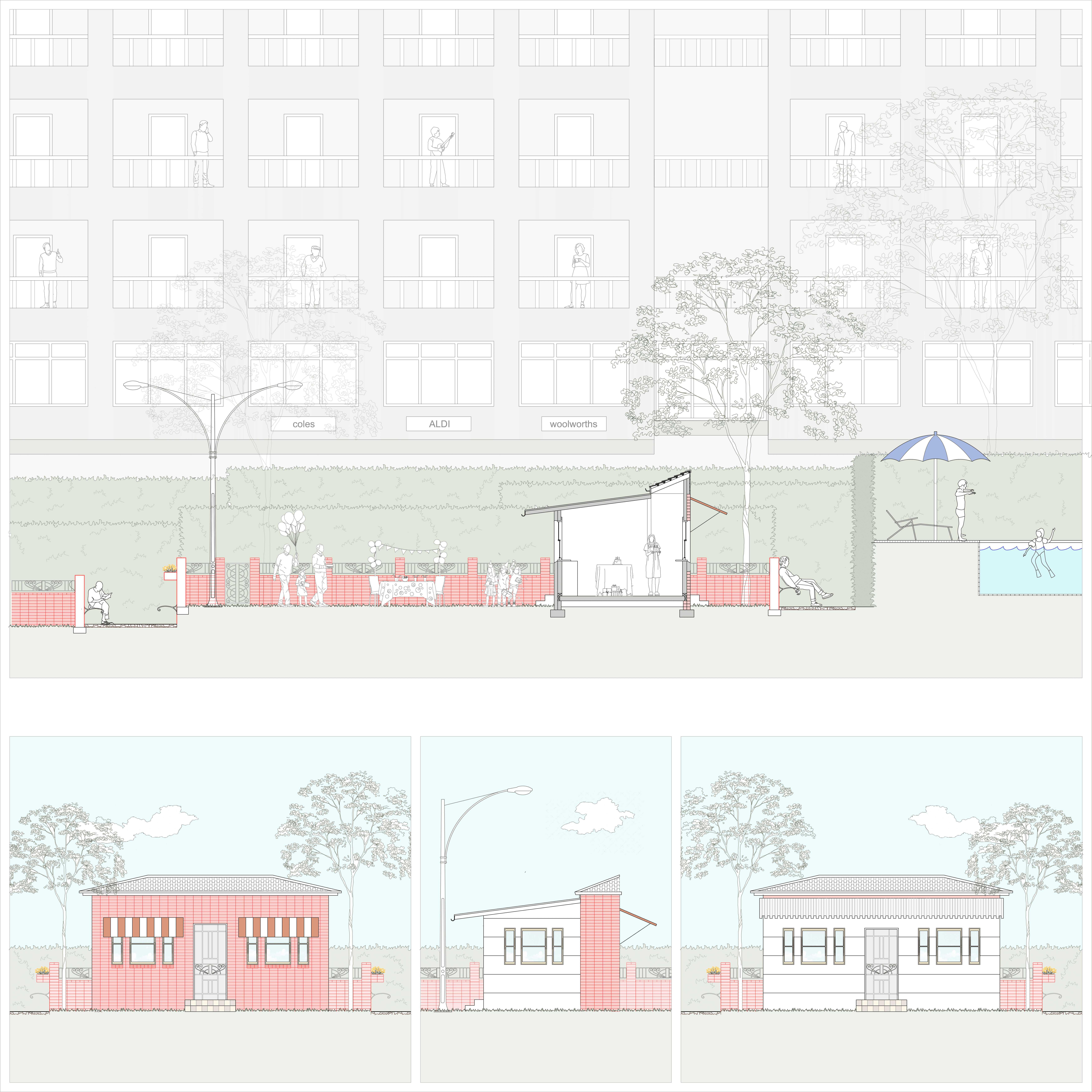 The material palette is inspired by the traditional post-World War II Sydney brick house, embodying the ideals of the Australian Dream to evoke a sense of simplicity, security and safety. 