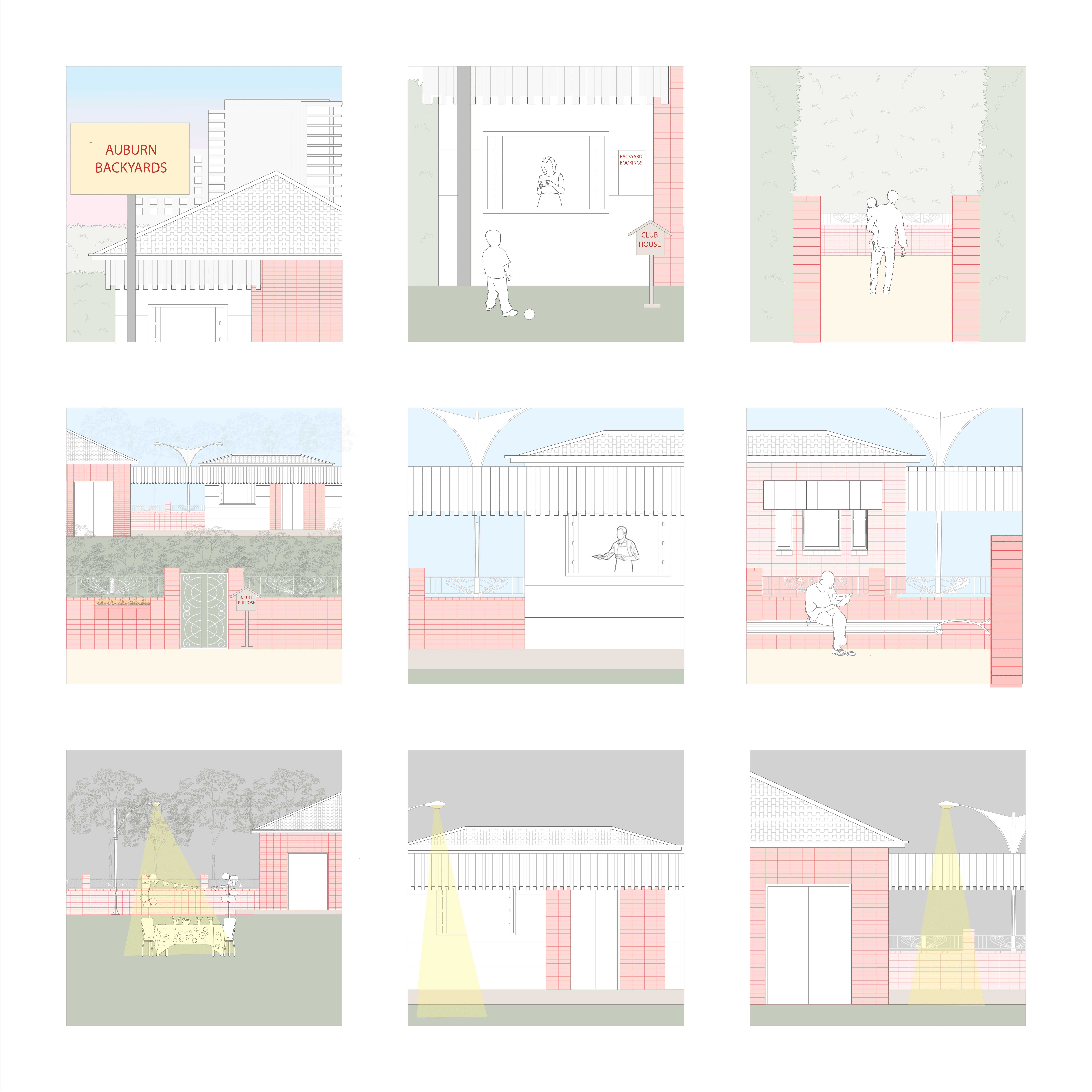 Public spaces, such as a café and bench-lined fences, accommodate individuals who opt out of private backyards to foster broader engagement and social connectivity within the project