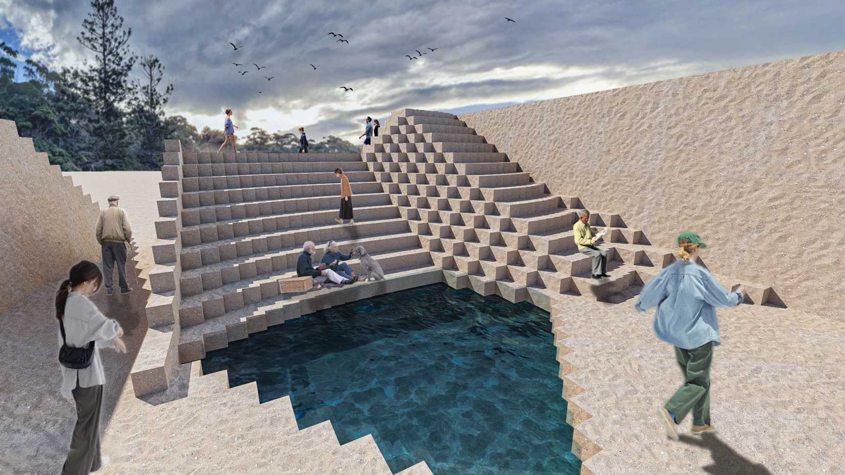 The descending stairs to the stage create an intimate connection between the audience and the performance, symbolising a deeper immersion into the artistic experience. As the audience moves downward, they feel drawn into the space, blurring the line between observer and participant. This descent also reflects the architecture’s fluidity, guiding people into the heart of the theatre. 
