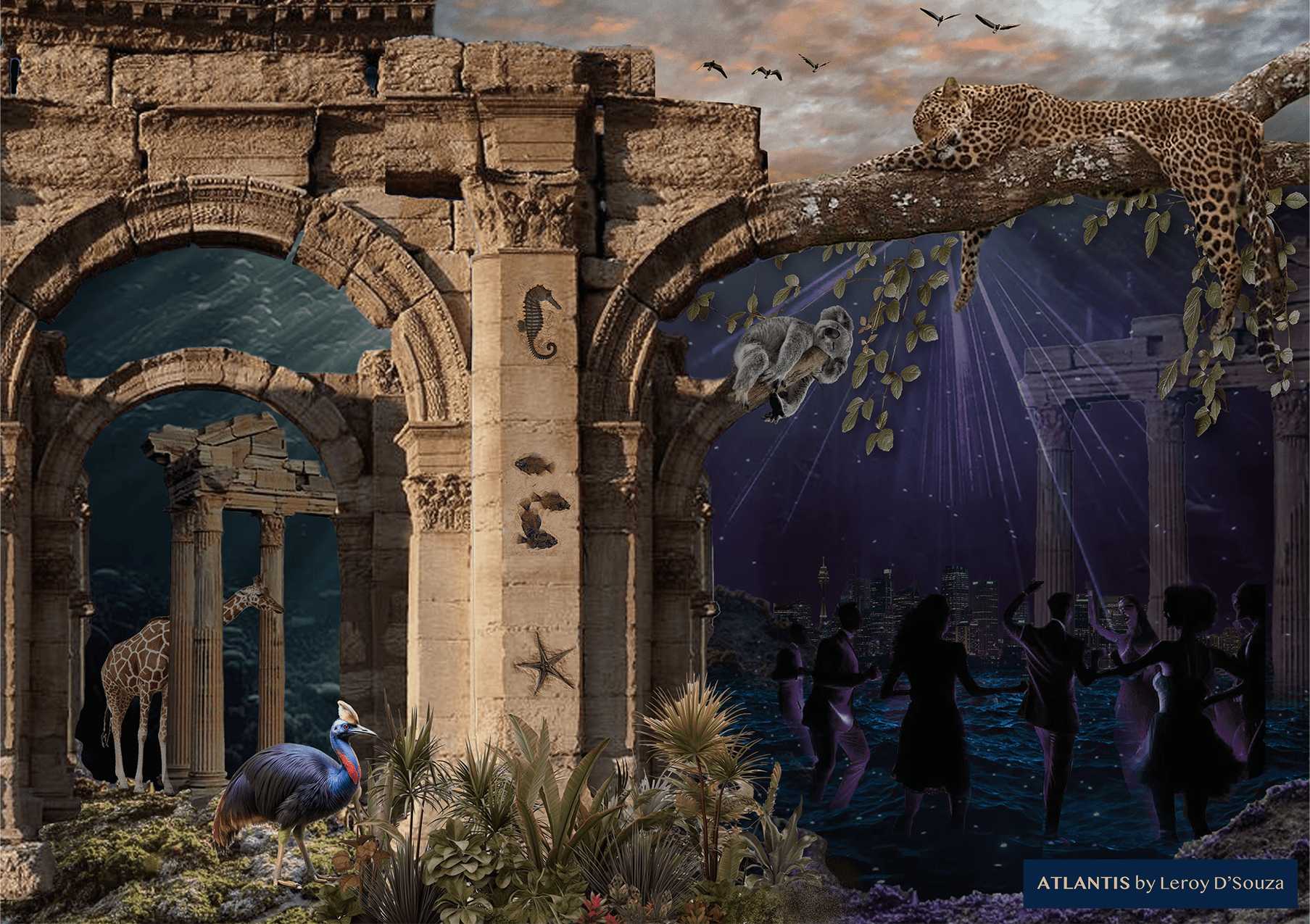 This collage captures Atlantis’s concept, juxtaposing the nightclub's drama and energy with the serene natural setting of Taronga Zoo, evoking a moment where fantasy and nature coexist harmoniously.
