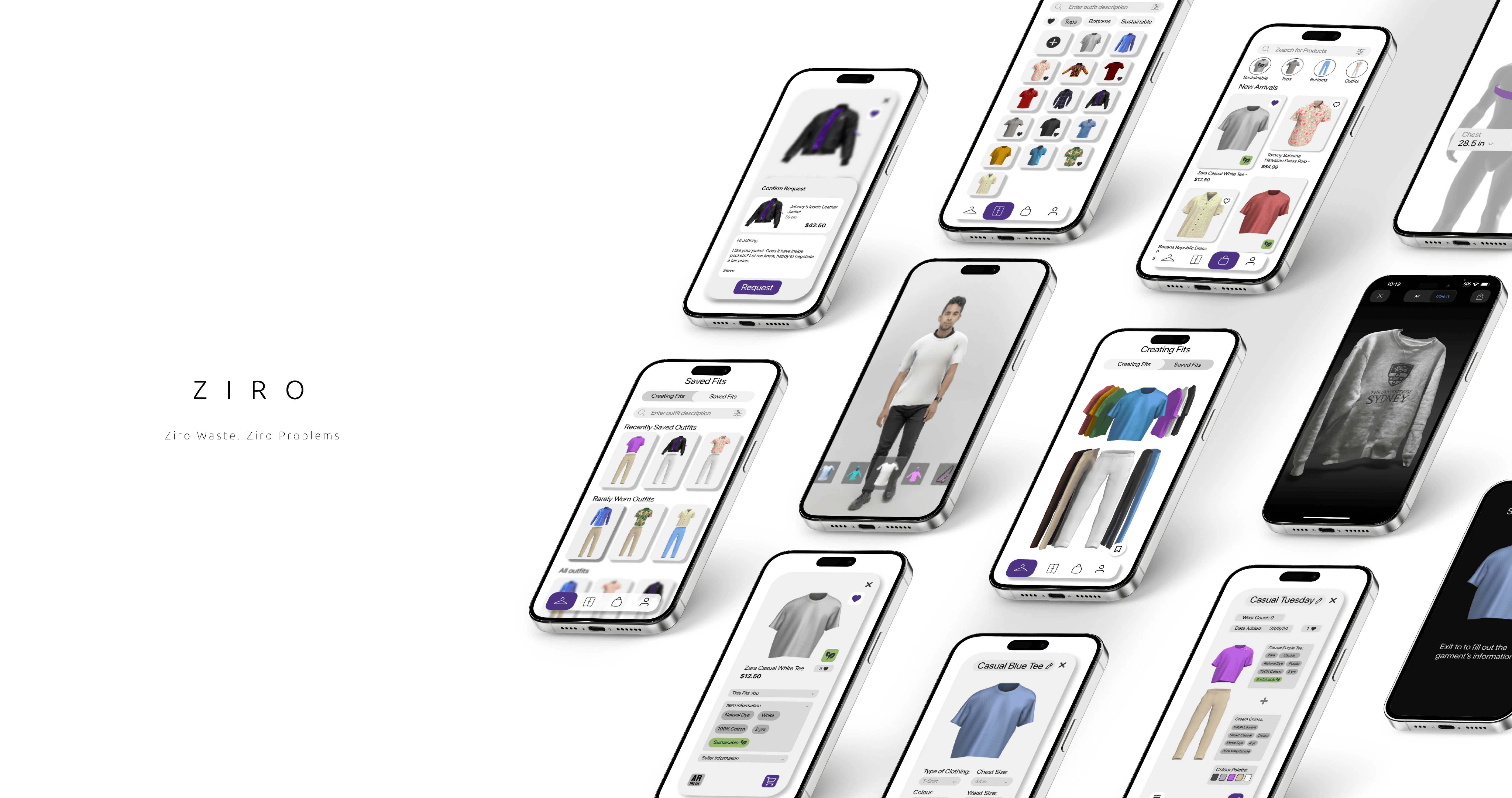 Ziro's Augmented Reality (AR) App's Interface Showcasing Core Digital Closet Features.