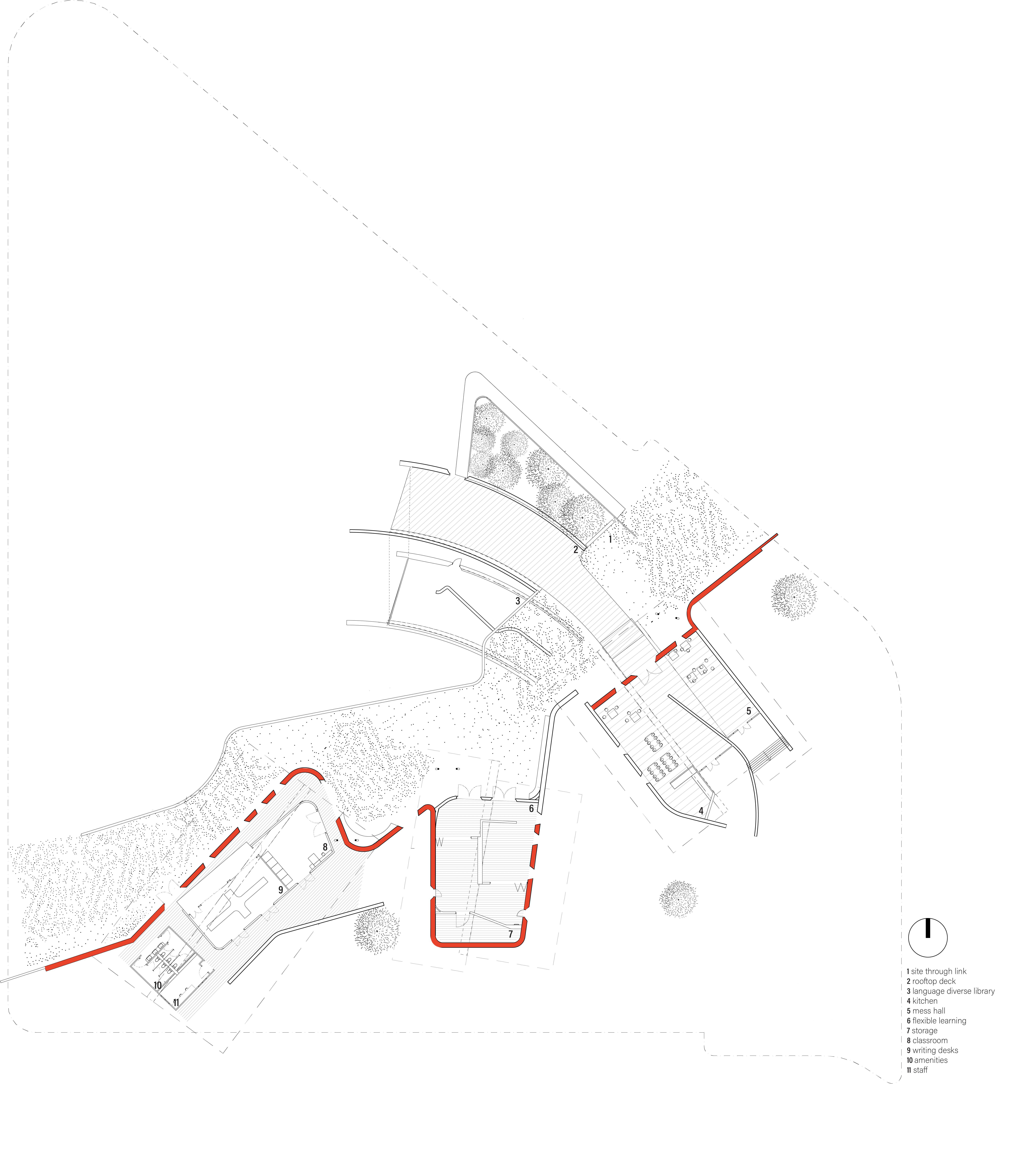 The line dissects the site acting as a means of wayfinding without words, such that the language school functions as a tool for translation in itself | Floor Plan 1:250