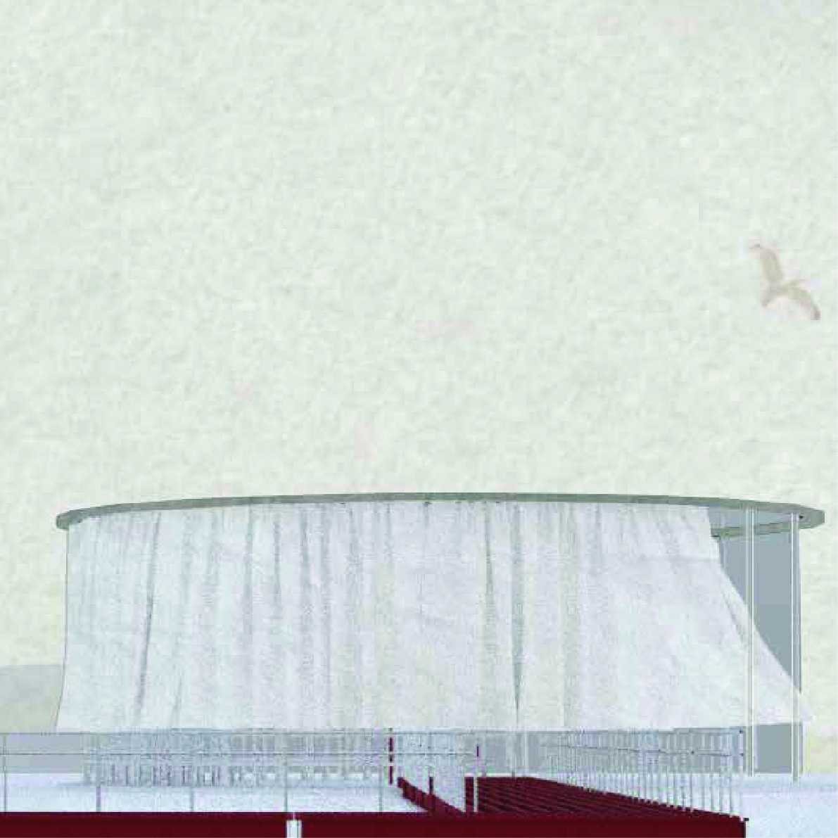 A red boardwalk extends off the south-west foreshore of Ballast Point, inviting the public into three circular steel pavilions.