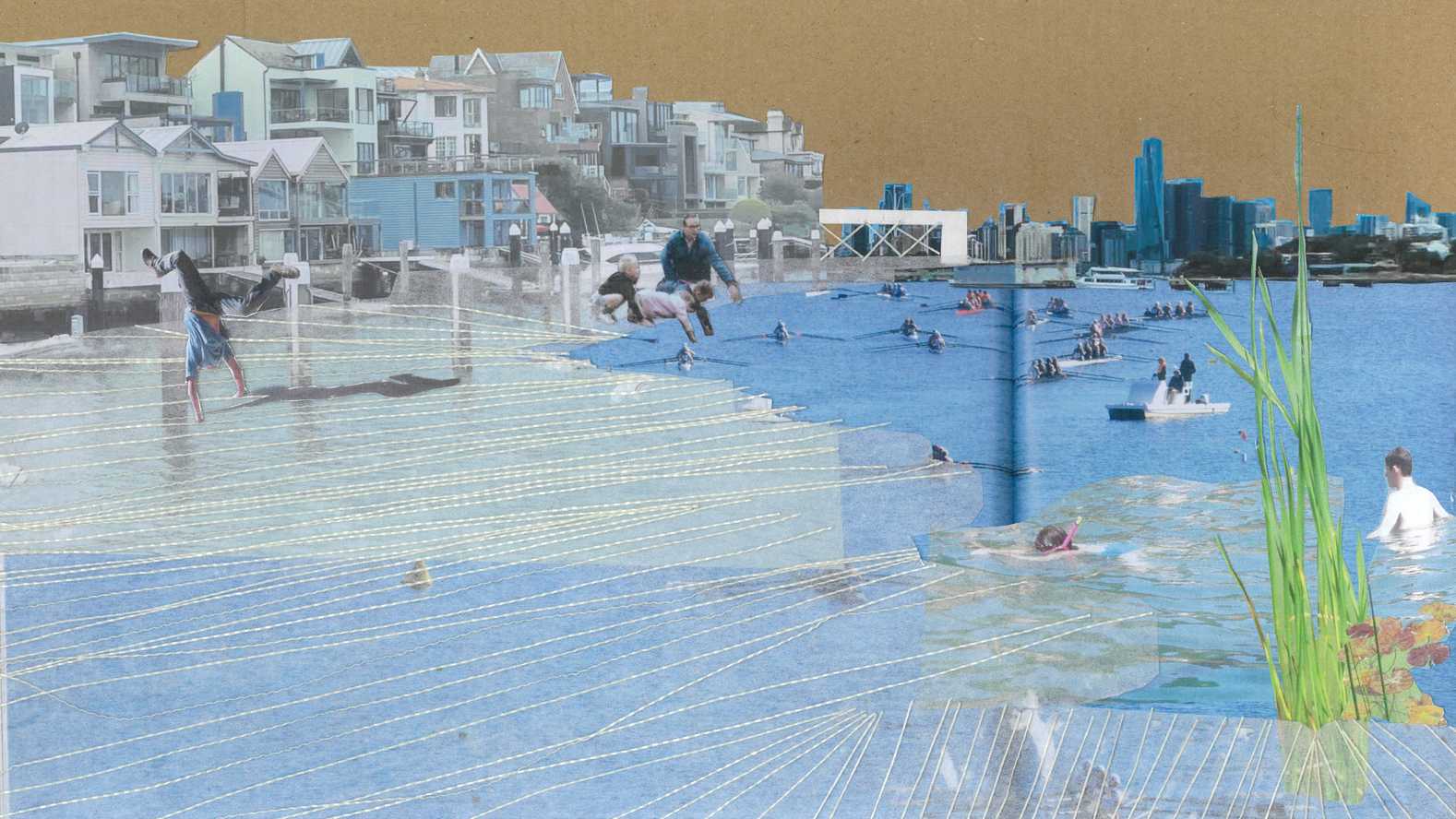 The soul of the project lays in community engagement and oyster regeneration. To gather and to replenish. This agenda accumulates around site of oyster rehabilitation, observed in the backdrop of this collage. 