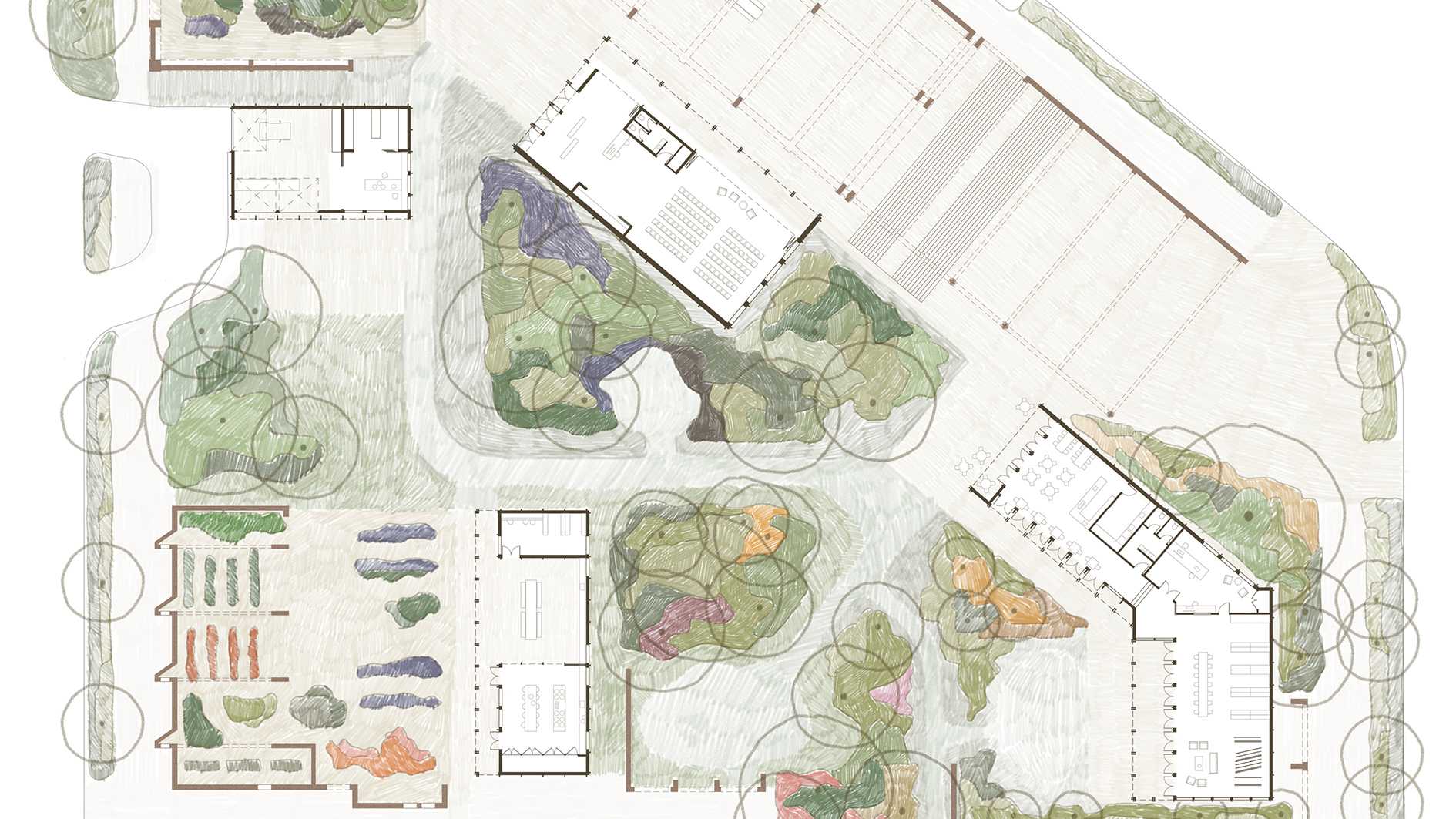 A public space dedicated to creativity and community, pavilions define smaller outdoor rooms within the walled garden