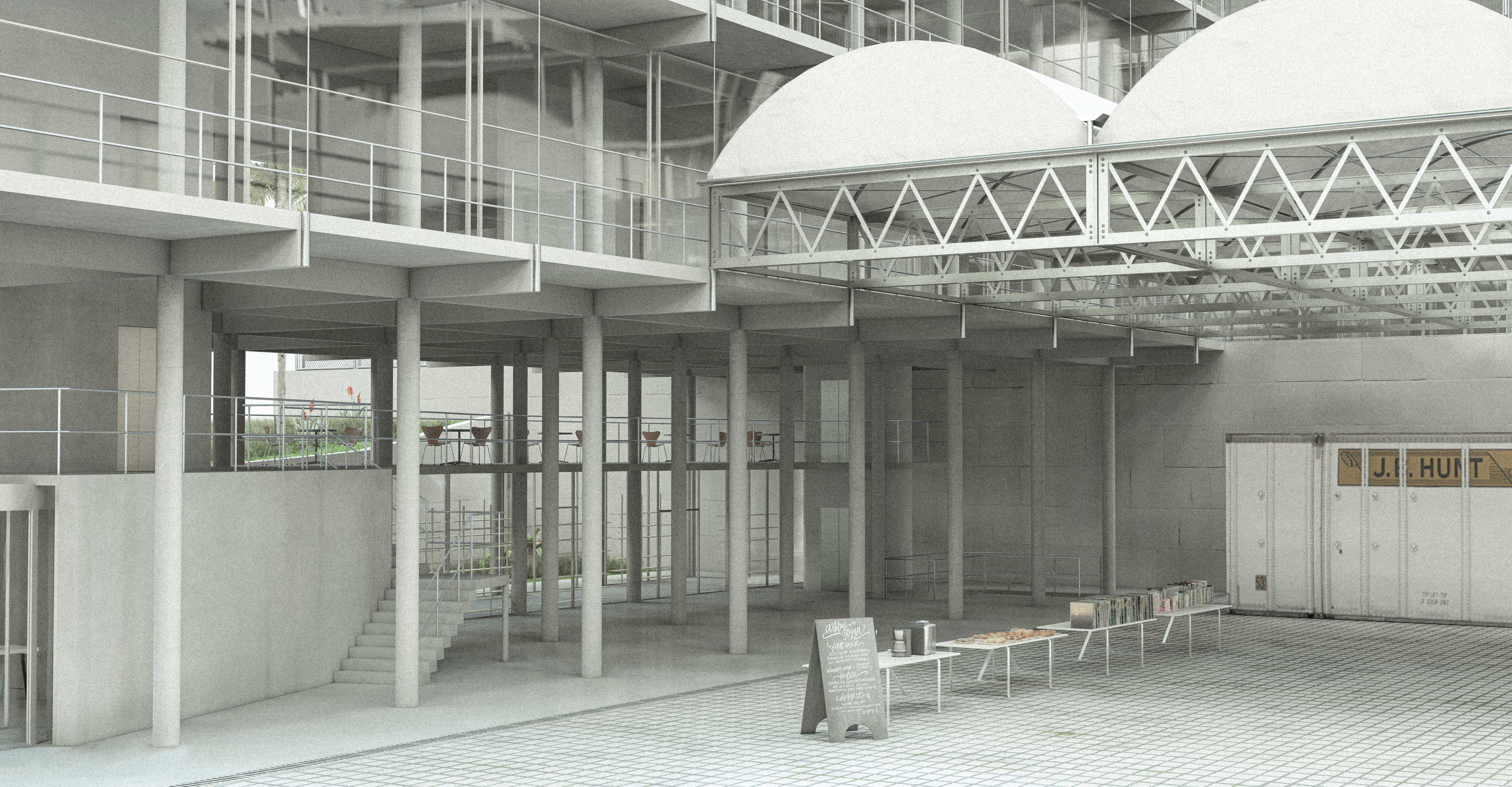 Temporary weekend market under the shed, and the library with the above mezzanine cafeteria.