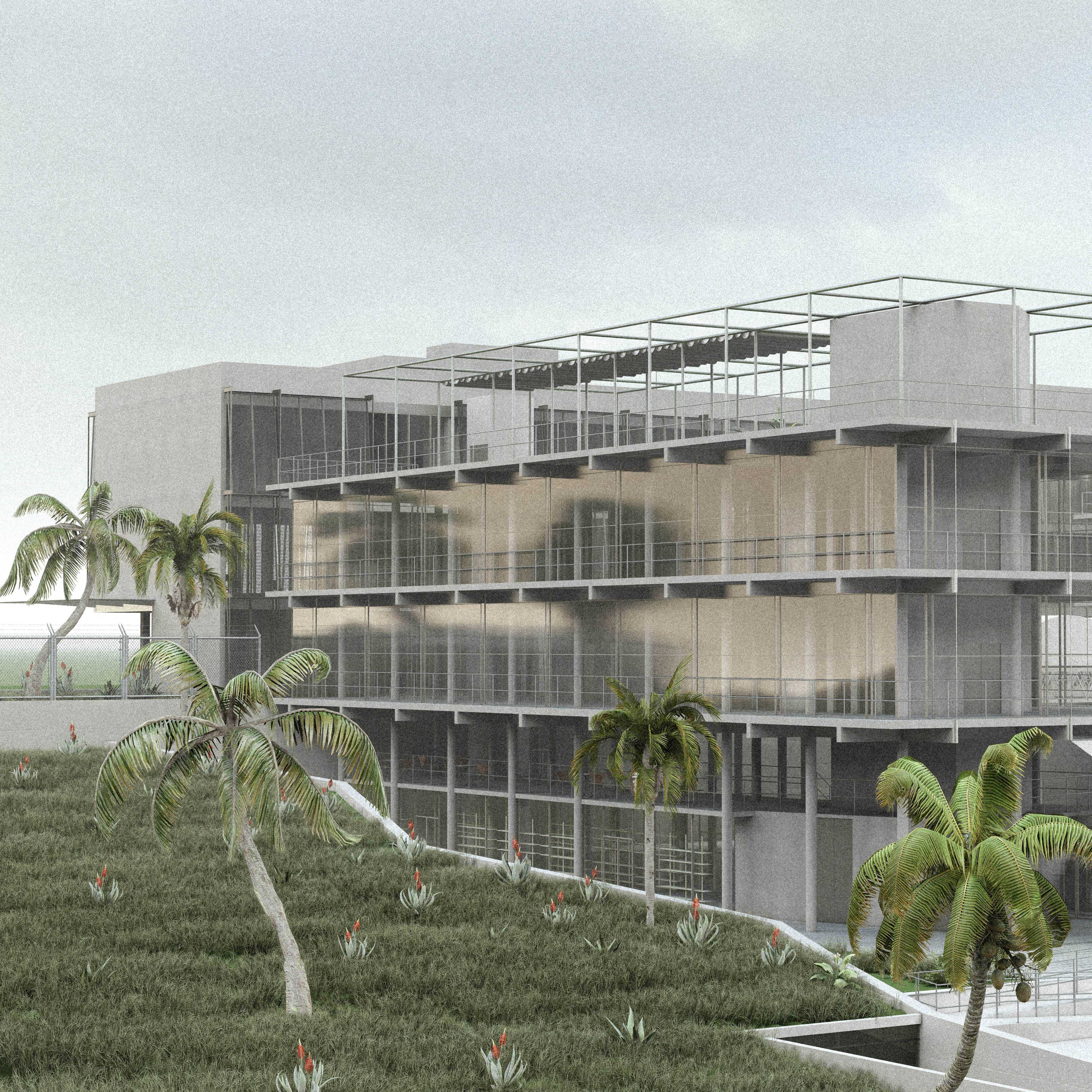 The Consulate block and its side of the sloping green space with retaining walls.