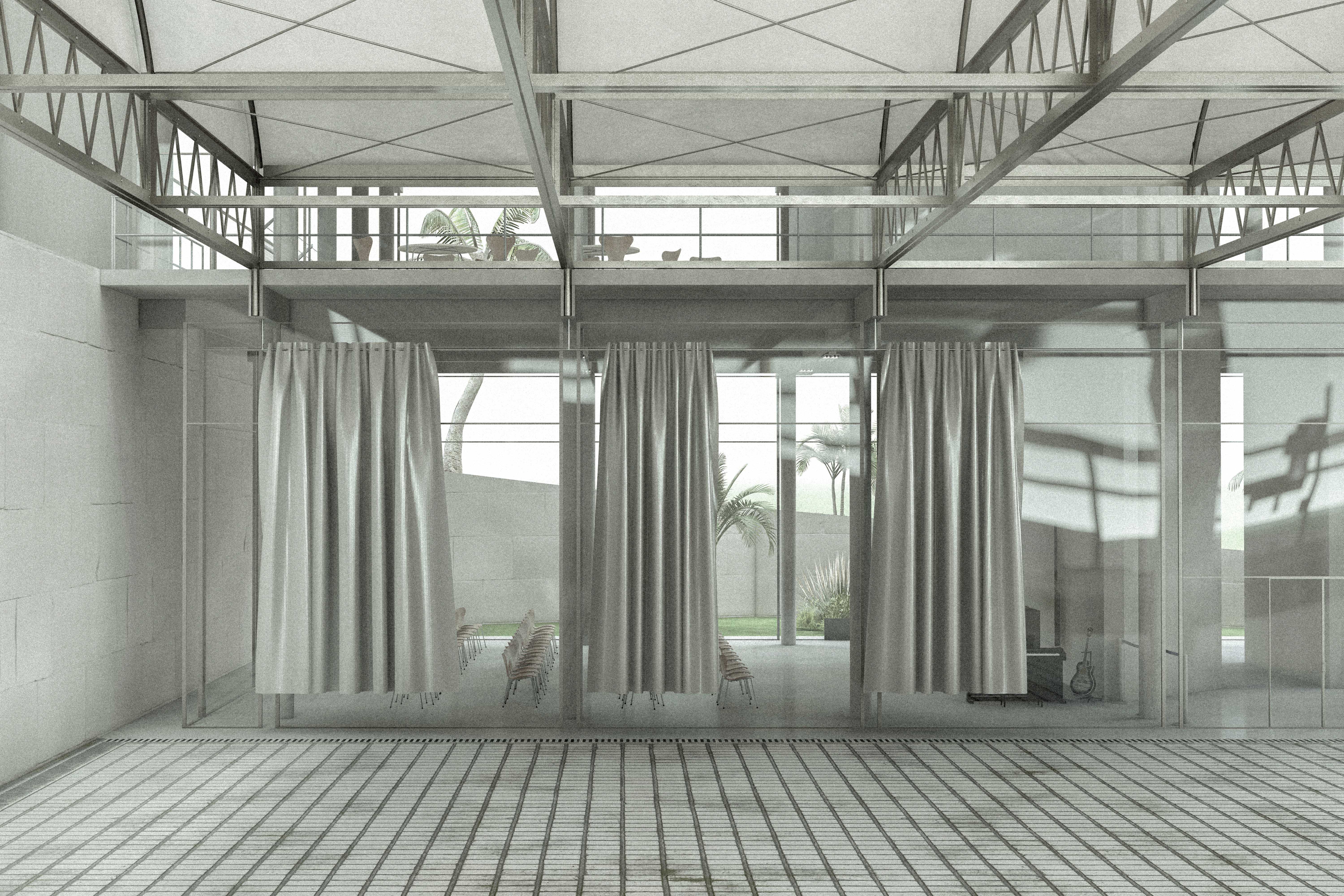 A glimpse of the auditorium from the shed with a steel truss structure.