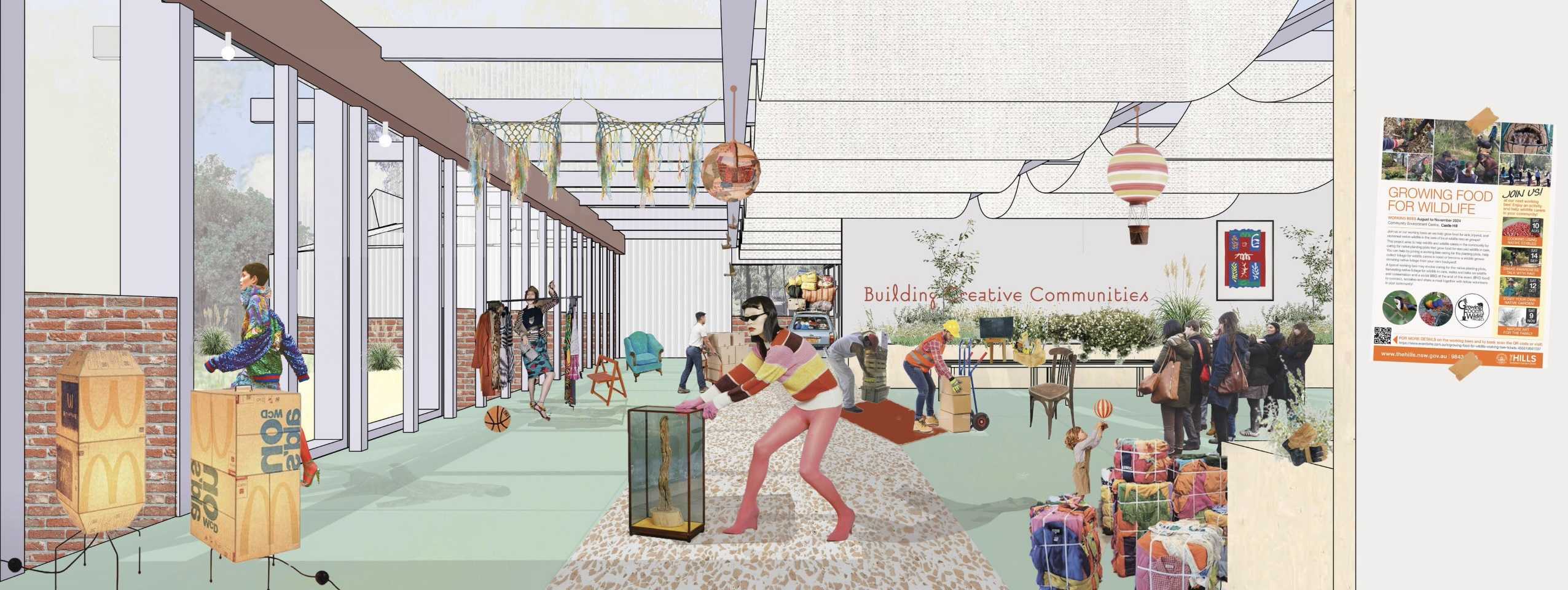 An illustration capturing the Camp act of reuse and repair within the adaptive re-use shed