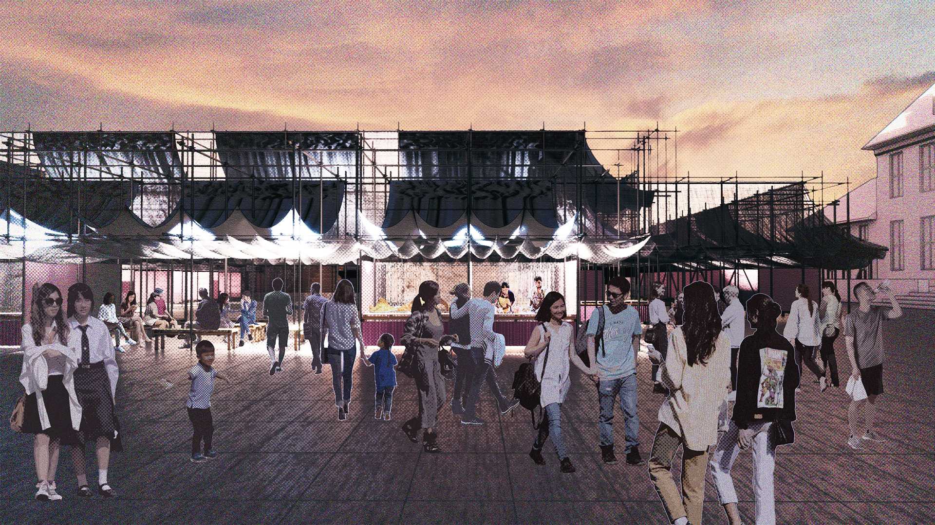 Street vendors occupy the outer layer of stalls, creating a vibrant and active interface with the rest of the square. Visitors are enticed inward by glimpses of more activity.