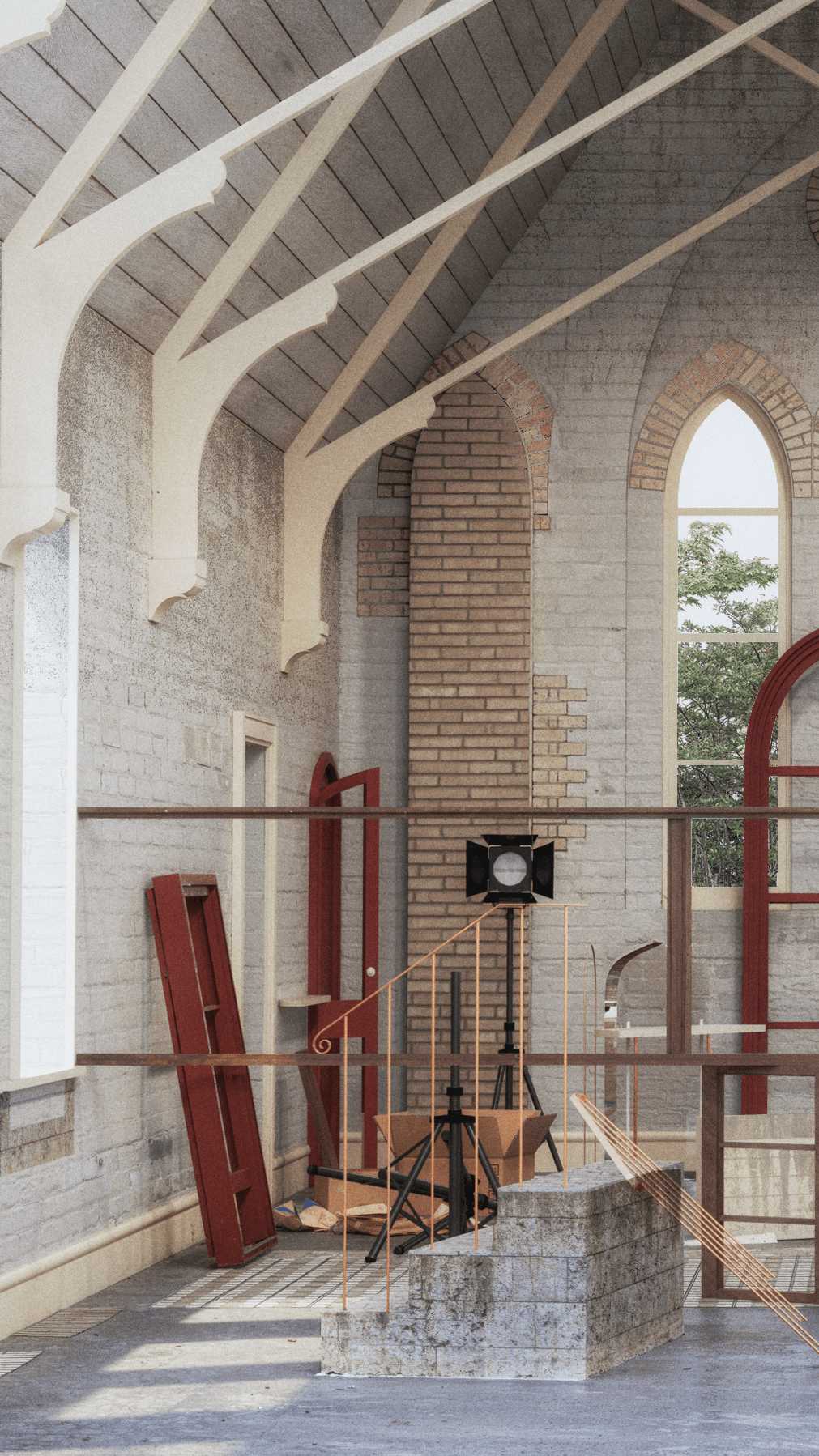 The design embodies an architectural collage of juxtaposed memories and recycled imagery. These elements create an immersive, cinematic experience with dramatic lighting and jagged shadows, reminiscent of a silent film.