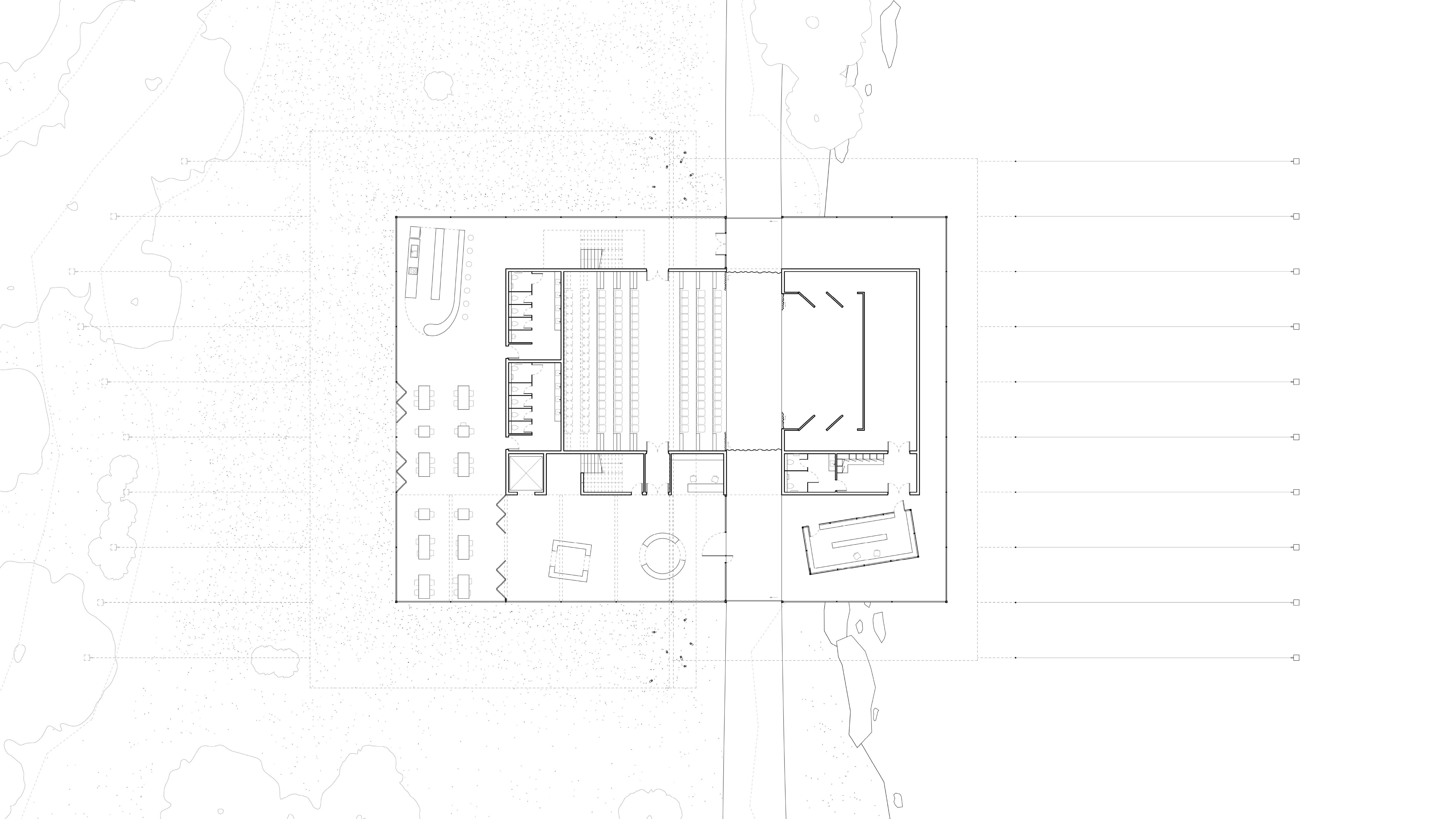 The tensile cables anchor the theatre to the landscape behind, while seemingly flattening into the water in front. 
