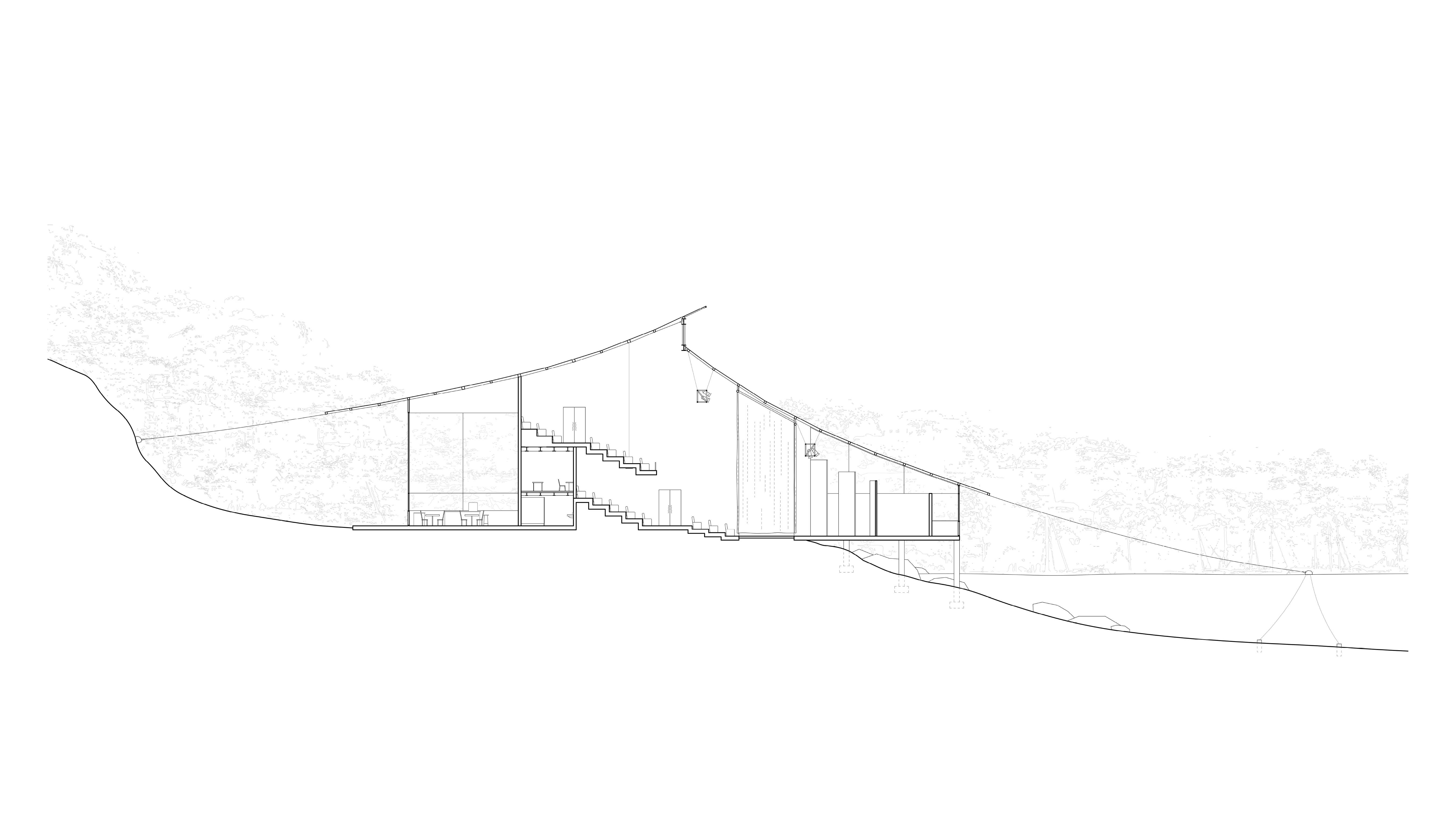 Structural members rest on or hang from tensile cables, providing a lightweight roofing and upper floor system that is disconnected from the dense concrete volume.   
