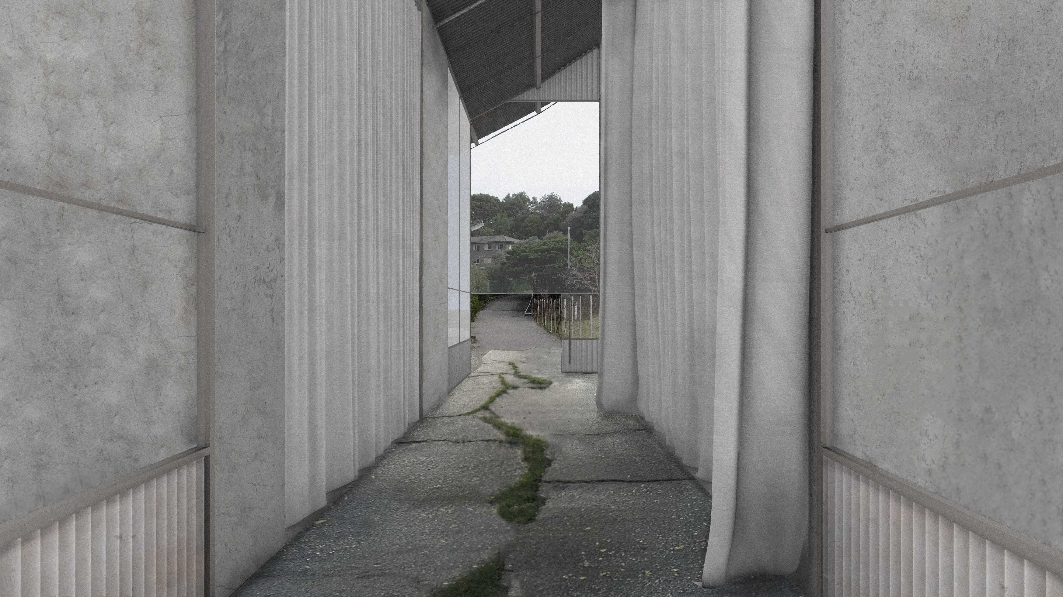 During performances, curtains draw across the existing pathway, creating a temporary separation between the theatre and the public, thus heightening the sense of theatrical immersion.
