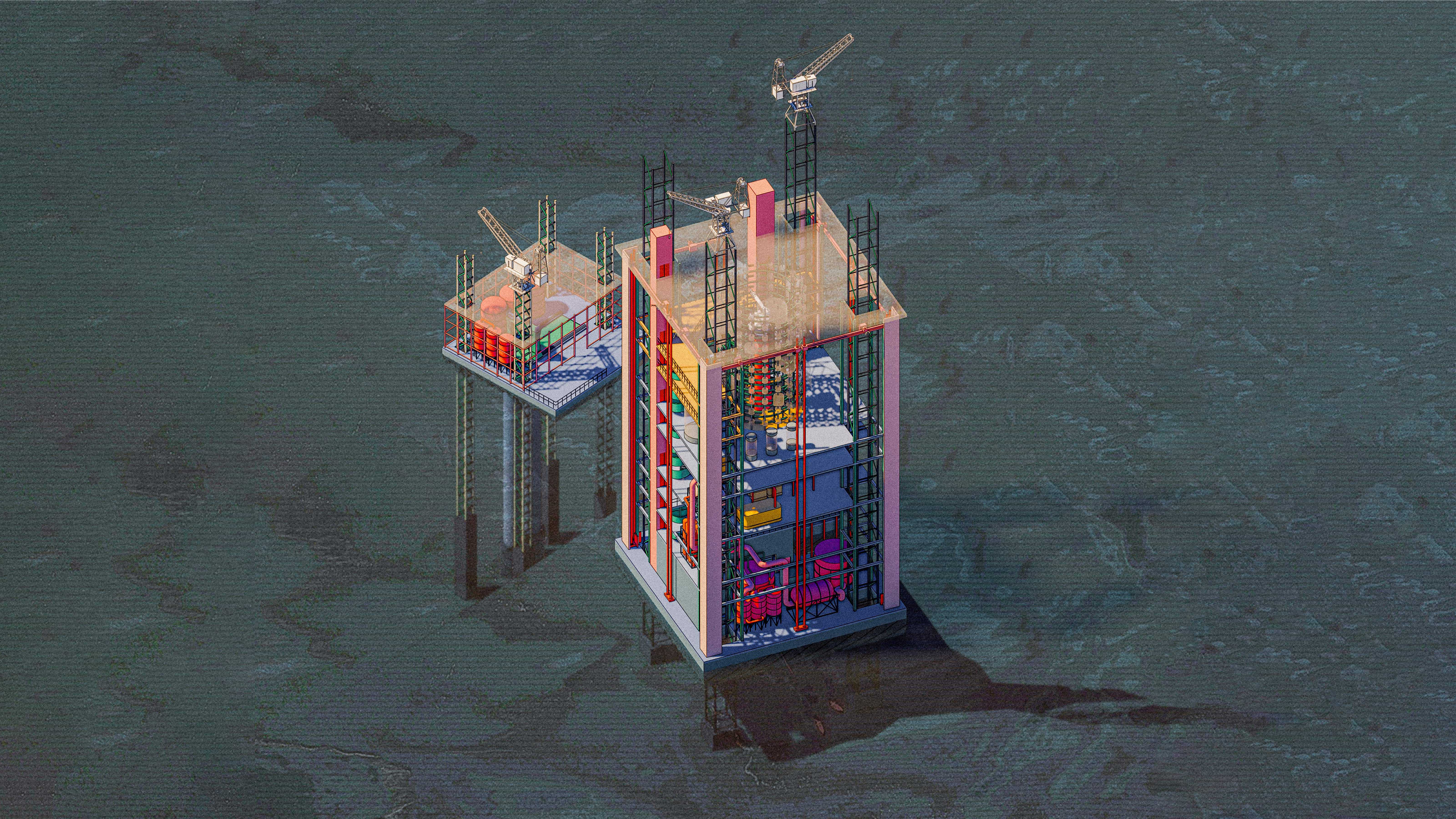 The rising ocean becomes a catalyst of metamorphosis, transforming marine ecosystems and architecture in a narrative of climate speculation.