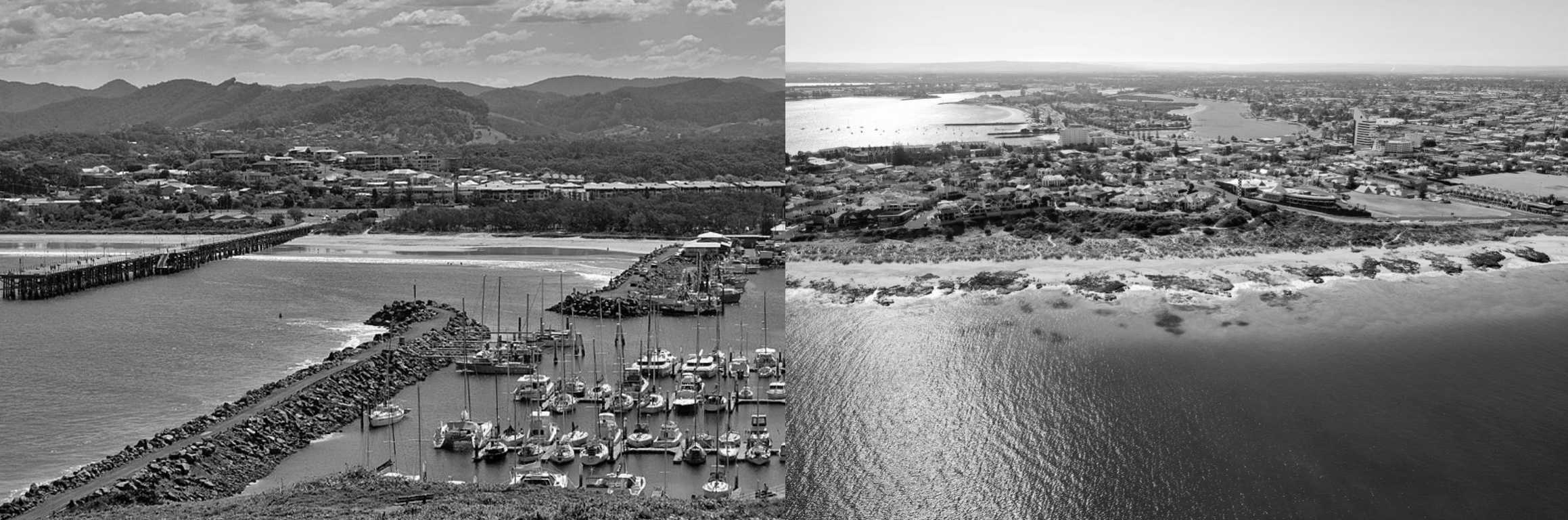 Views to Coffs Harbour (left) and Bunbury (right). 
sources : City of Coffs Harbour, coffscoast.com.au (left), Bunbury Geographe, visitbunburygeographe.com.au (right). 