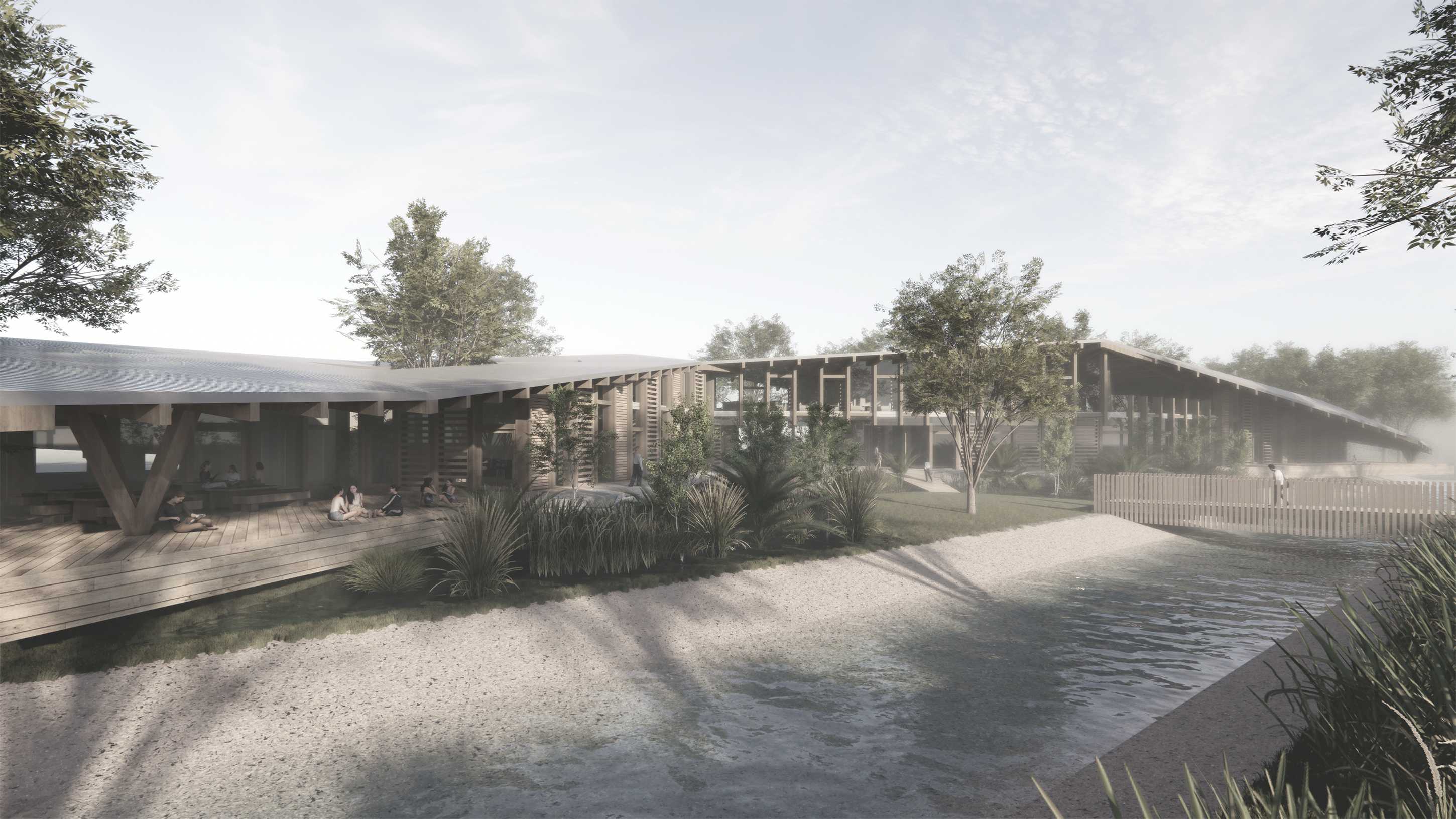 The folding form rises organically as an extension of the landscape, respecting the scale of the Tramsheds and residential areas while channeling water into the existing creek.