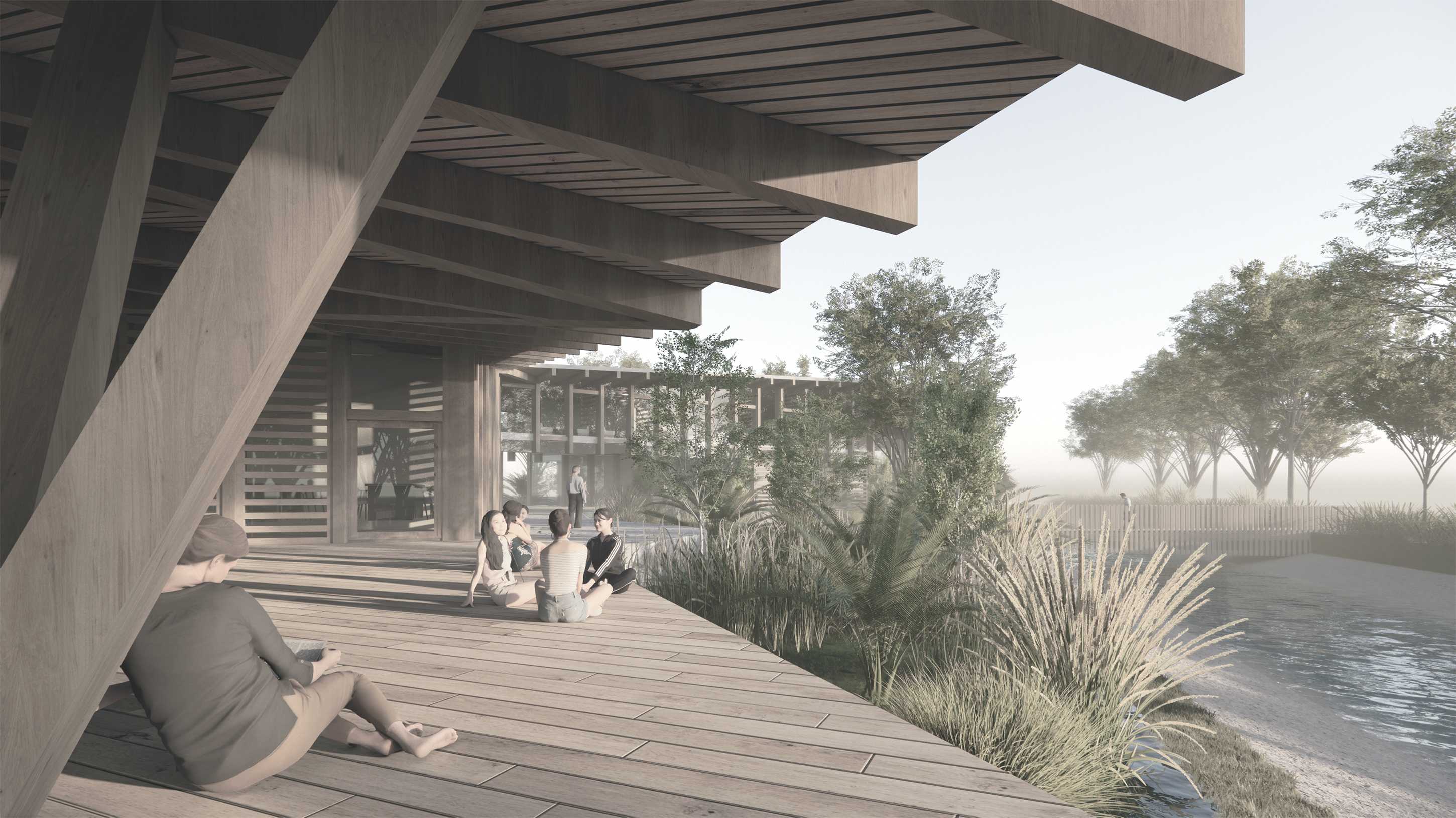 Reminiscent of wooden leaves, the roof canopy evokes the feeling of sitting beneath a tree to encourage moments of reflection and meditation.