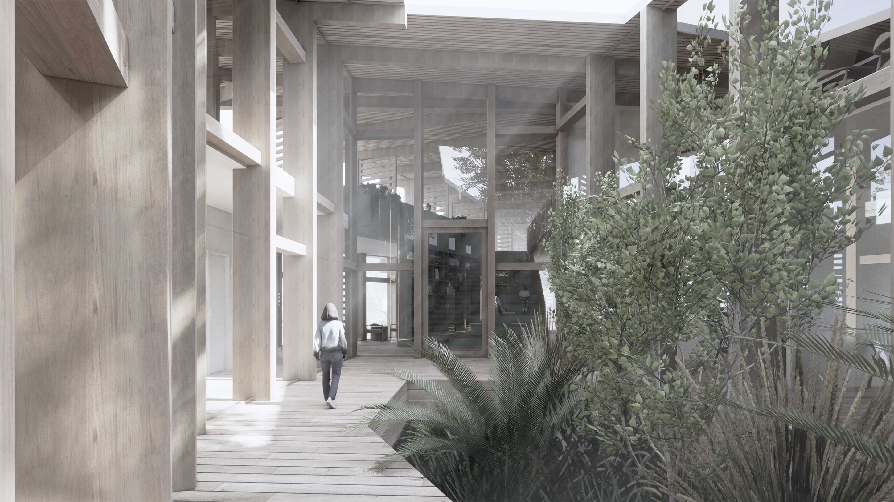 The sensory pathway, bordered by soft, dense greenery and glimpses of communal spaces beyond, guides forward, encouraging curiosity and a sense of discovery as one moves deeper into the building.