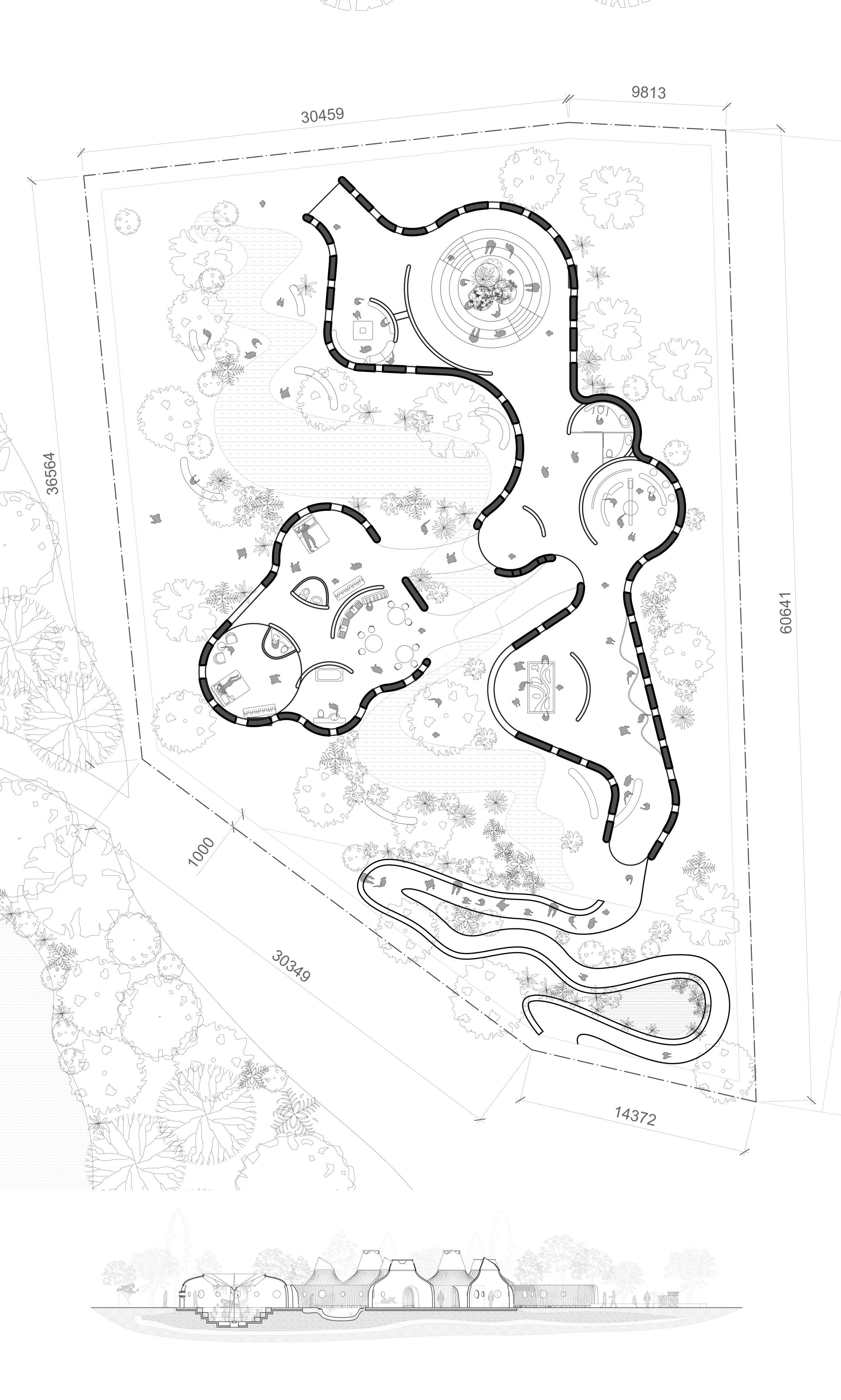 A low-profile configuration, designed to adhere to the pavilion’s passive, low-impact principles. It acts as a bridge between the human-built environment and nature. Creating an efficient thermal adaptation model.