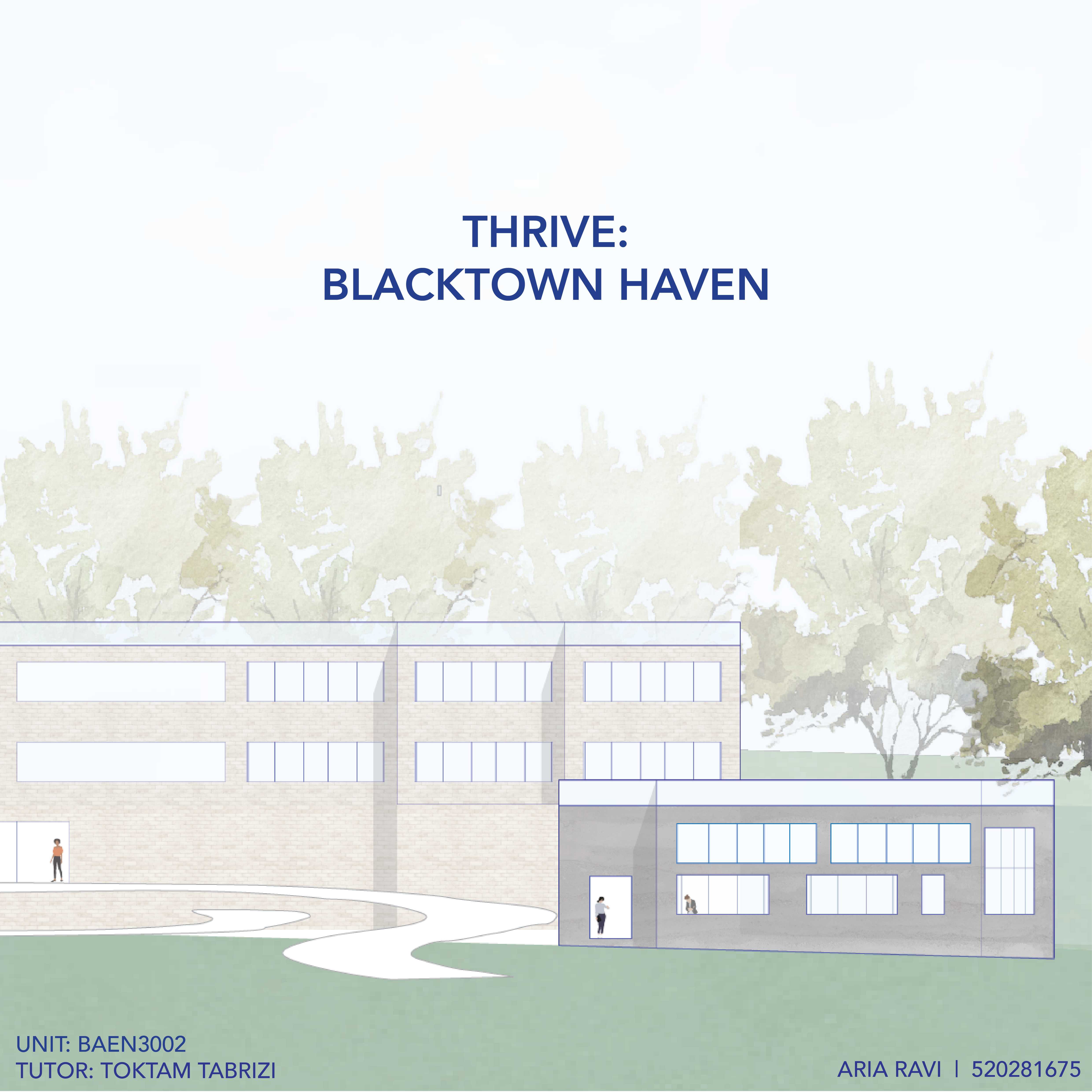 The residential building is to the left, and the community space to the right. The elevated pathway for easily accessibility is seen on the bottom left.