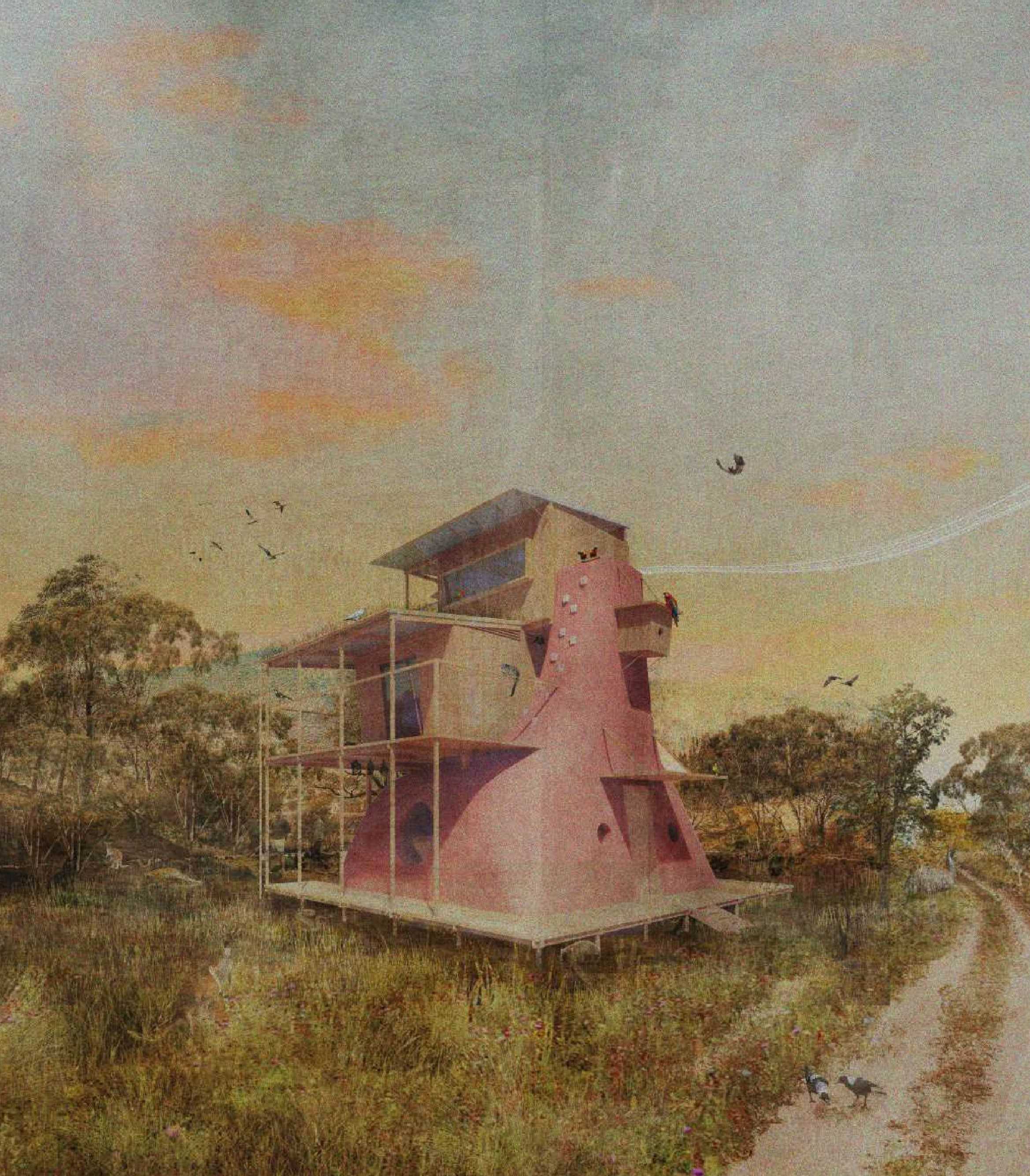 Multi-species, off-grid huts designed for ecological harmony feature mudbrick, timber, water collection, and nesting sites. Modular designs support public, rangers, and wildlife care, fostering coexistence and connectivity along biodiversity corridors.